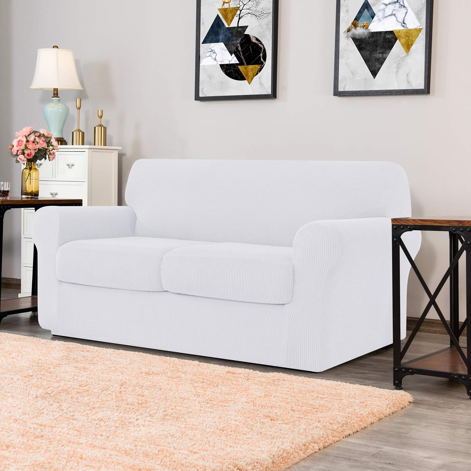 Hokway Couch Cover for 2 Cushion Couch 3 Piece Stretch Sofa Slipcovers with Separate Cushion for 2 Seater Couch Furniture Covers for Kids and Pets in Living Room(Medium,White)