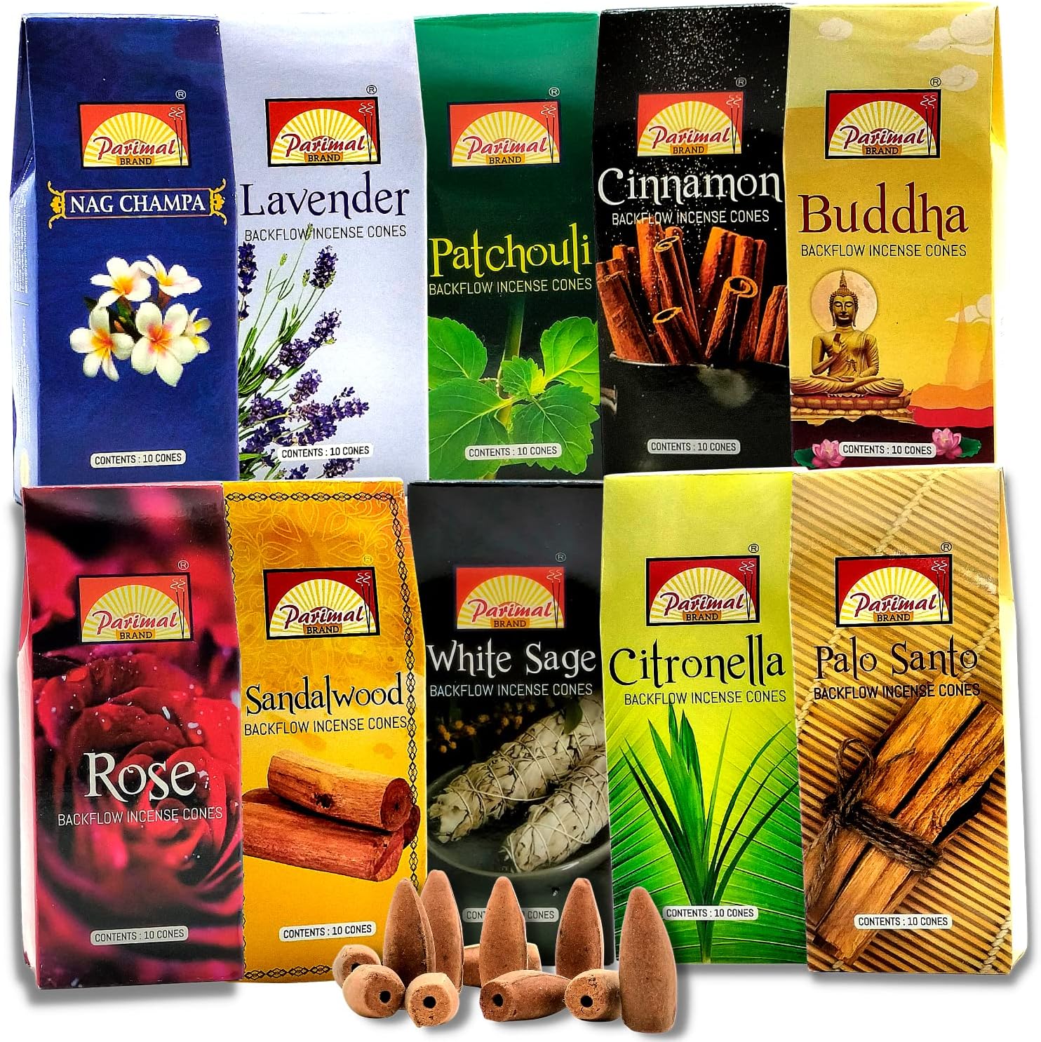 Backflow Incense Cones for Waterfall - [Improved] (10 Variants,100 Cones) Dragons Blood Incense, Lavender Incense Cone, Nag Champa Palo Santo Cones | Creates Meditative Waterfall Fountain