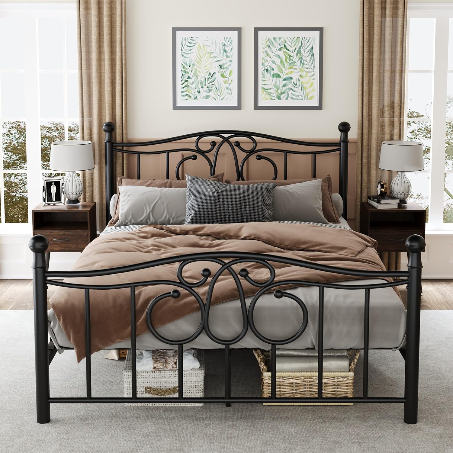 Metal Queen Single Bed Frame with Scroll Design, 82.7" in Steel Bed Frame with Protective Foot Pads, Strong Bearing Capacity Queen Size Bed, Easy Assembly, Underbed Storage Space（43.3 inch）