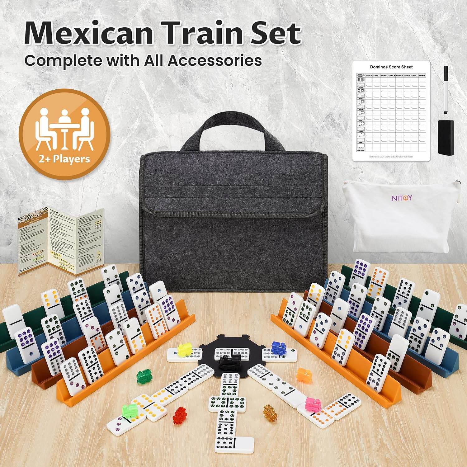 Mexican Train Dominoes Set for Adults, Double 12 Dominoes with 8 Silicone Racks, 91 Color-Coded Tiles, Hub, 9 Train Markers, Scoreboard & Carry Bags - Classic Family Board Game