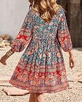 BTFBM Femmes Casual Printemps Robes d'été V Cou 3/4 manches longues Ruffle Floral Flowy Boho Babydoll Mini Robe courte de plage