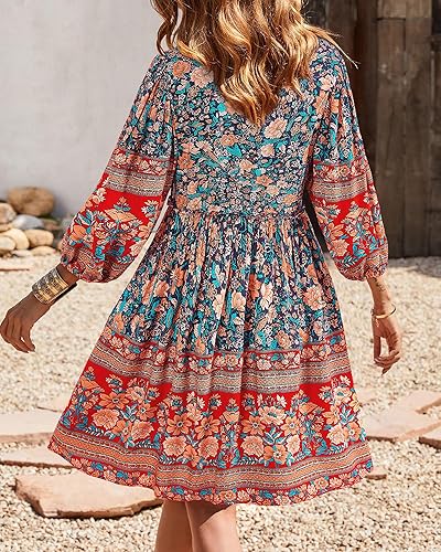 Miniatura 4 de BTFBM - Vestidos casuales de primavera y verano para mujer, cuello en V, manga larga 34, con volantes, floral, estilo bohemio, mini vestido de playa