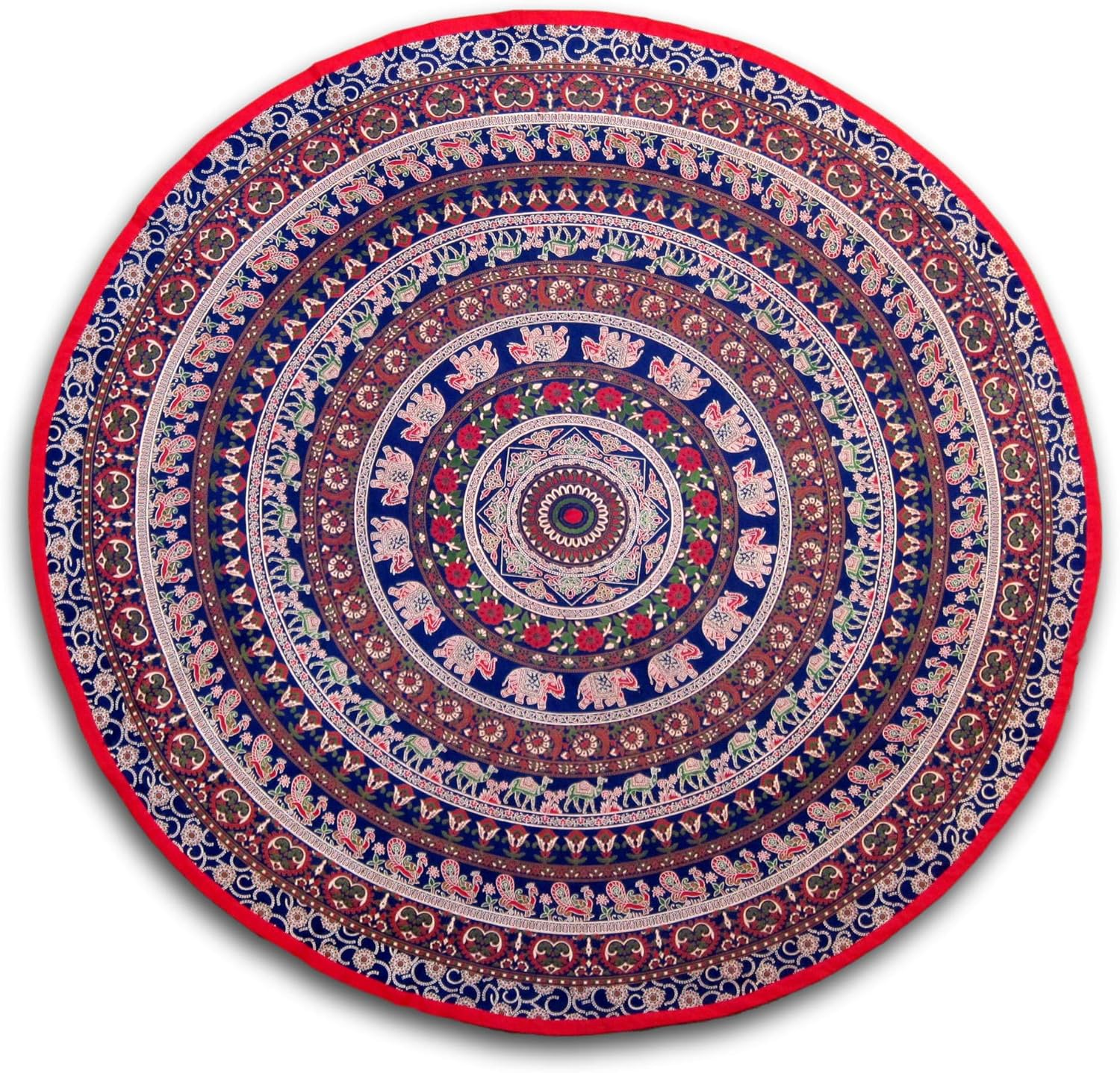 India Arts Handmade 100% Cotton Elephant Mandala Floral 81" Round Tablecloth Blue Red Green Golden Brown