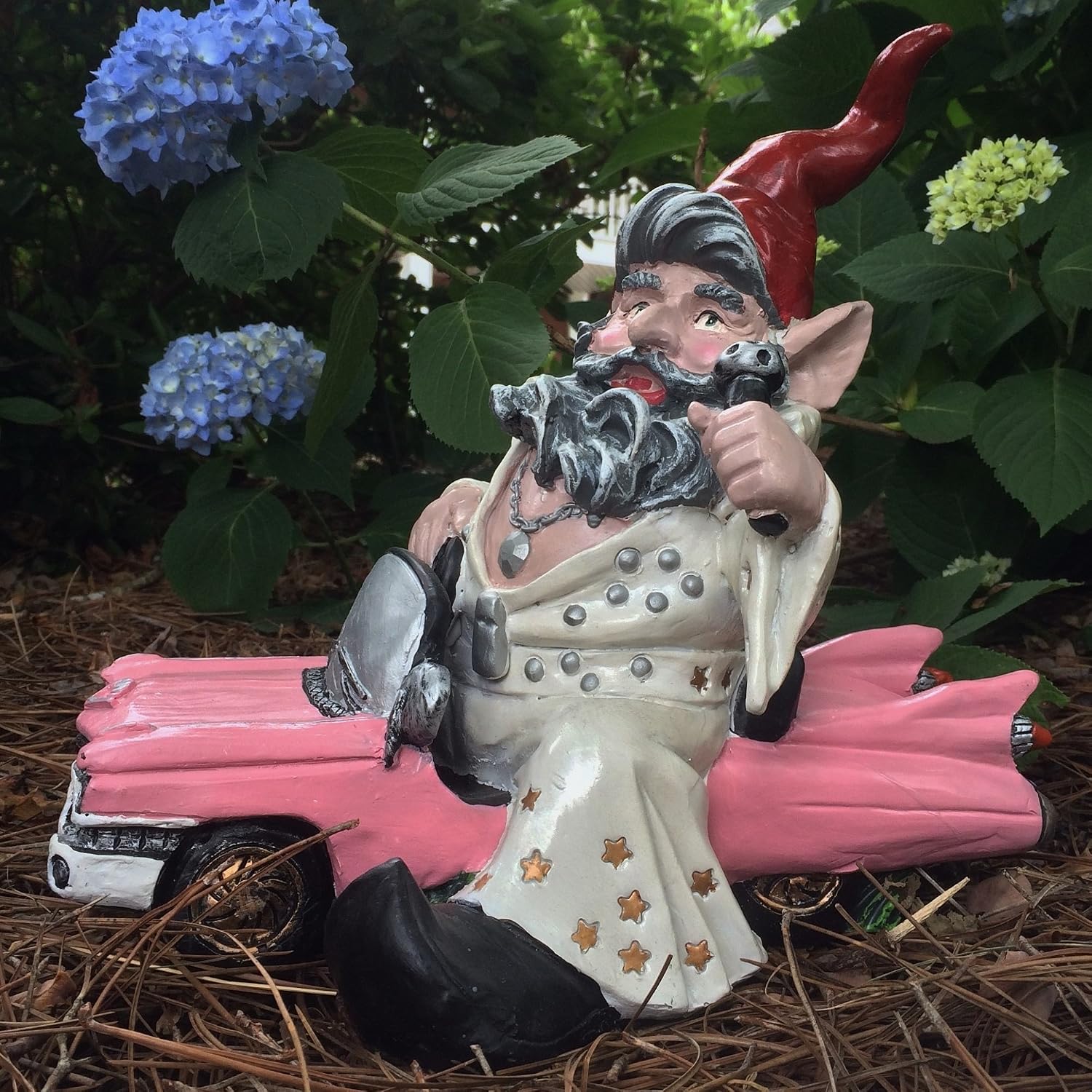 "Vegas The Look-a-Like Elvis Gnome in His Pink Cadillac Car Garden Gnome Statue 14" H