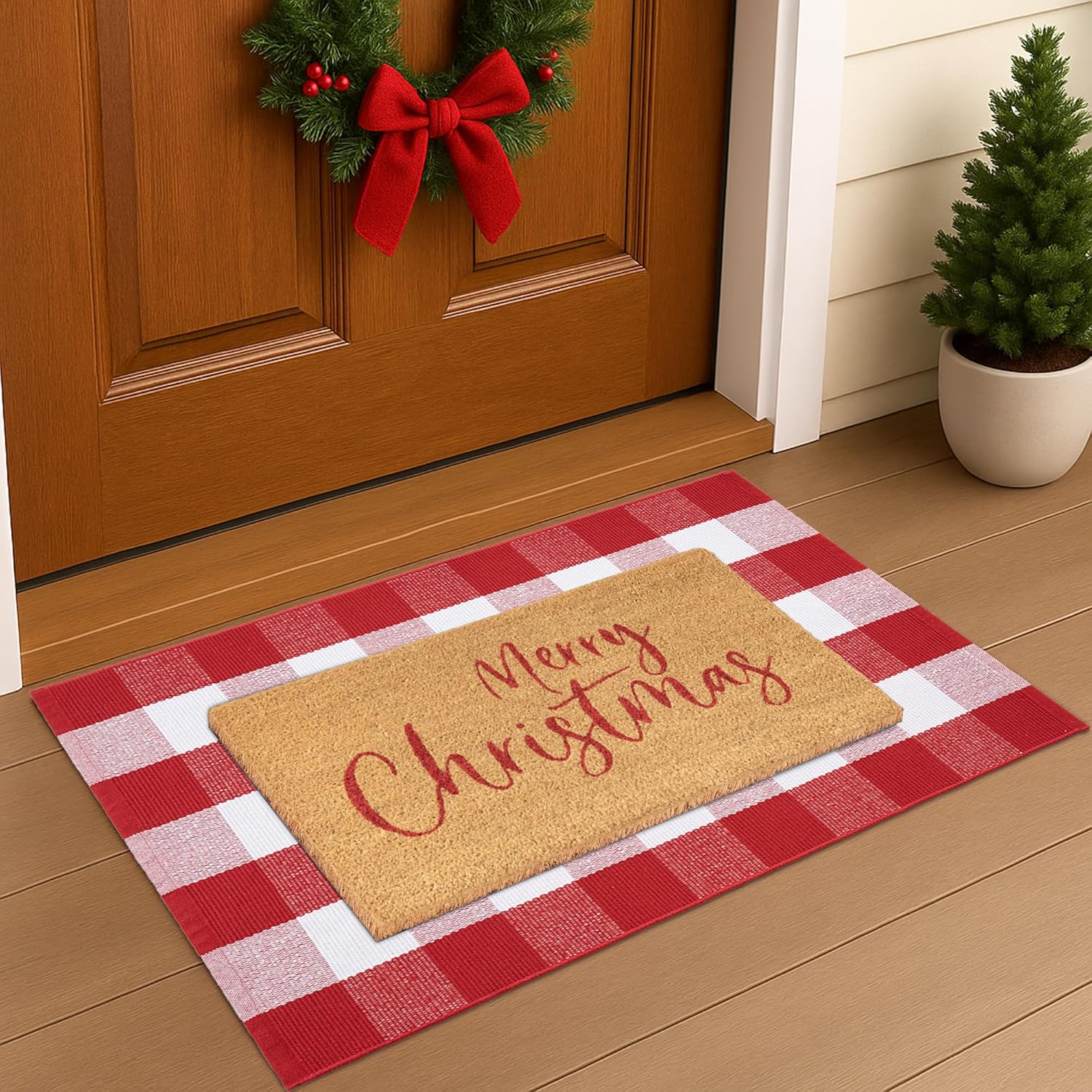 Christmas Door Mat Set, 2-Piece Layered Front Porch Welcome Mat Combo with Red White Plaid Rug and Coir Doormat, Outdoor Entryway Decor for Holiday Porch, Patio, Garden