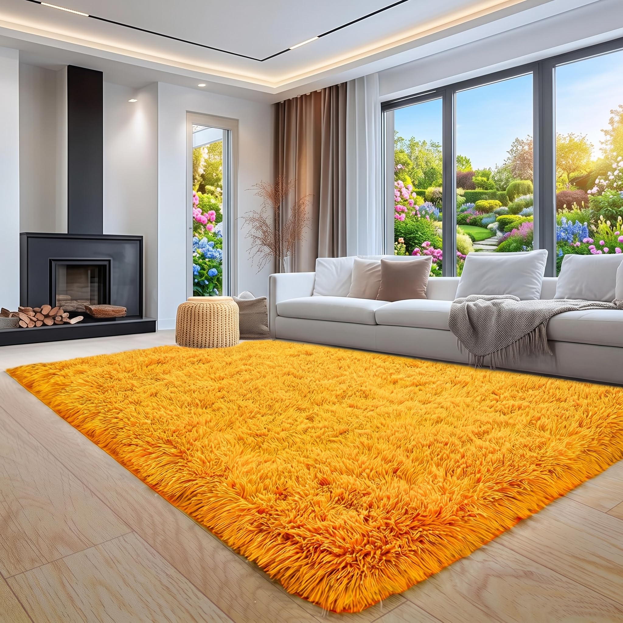 Oxford Homeware Rugs Living Room 120 x 170 cm – Fluffy Shaggy Ochre Area Rugs for Bedroom, Lounge – Super Soft Non Slip Rug Washable Modern Floor Carpets Bedside Rug for Kids Room