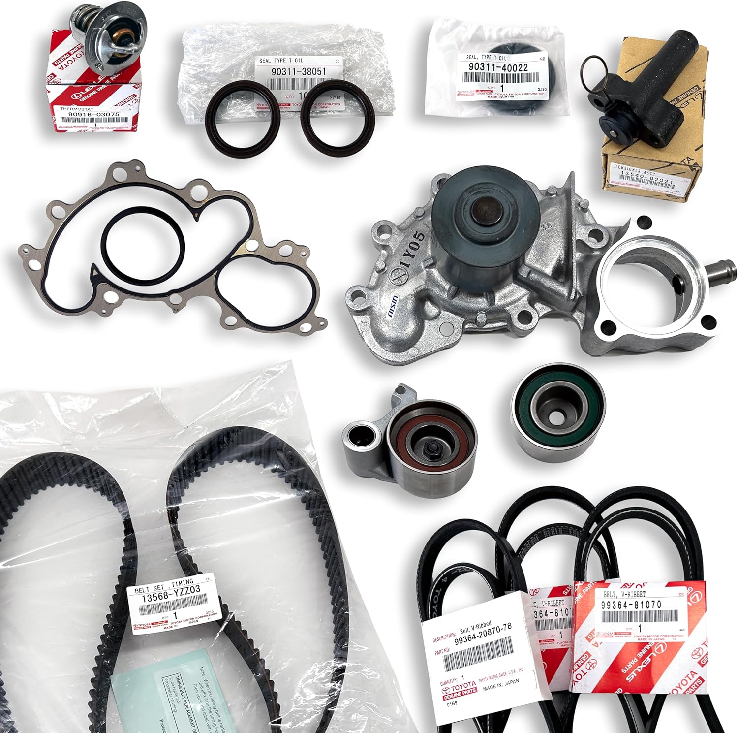 Timing Belt KIT with Water Pump | Compatible with 4Runner, Tacoma, Tundra, T100 with 3.4L V6 | Includes Accessory Belts, Tensioners Thermostat & Seals | GENUINE/OEM Parts