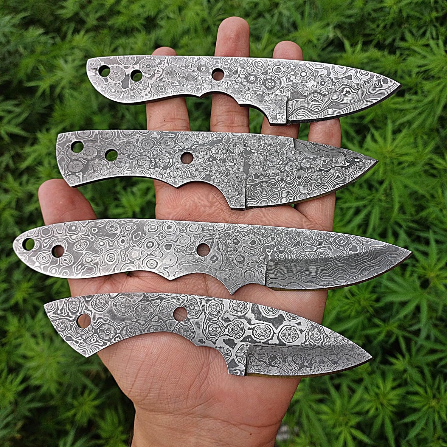 Damascus Steel Blank Blades Set - 4 Pcs Handmade Full Tang Small Fixed Blade EDC Hunting Knife Blanks Set