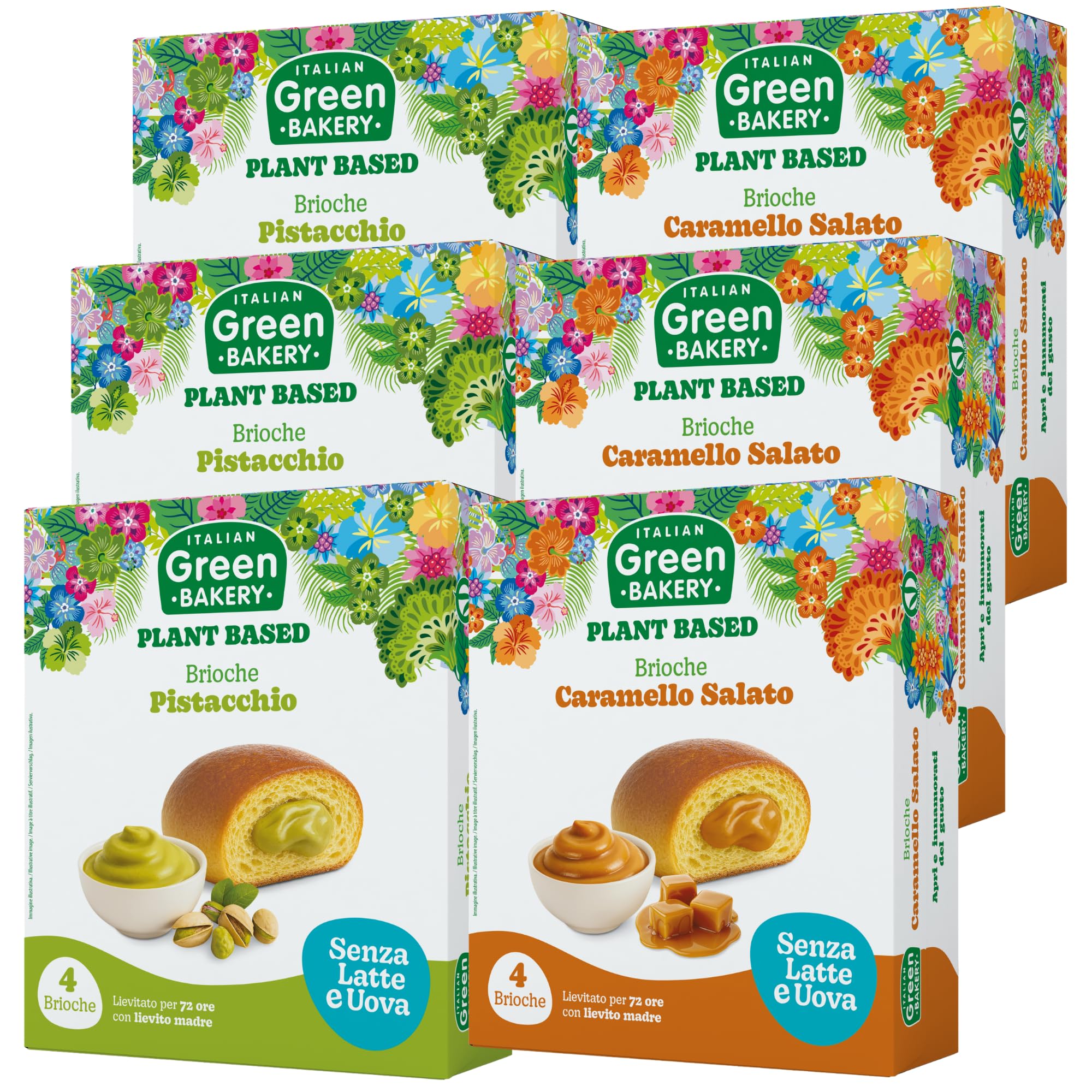 Brioche Vegane 2 Gusti con Crema al Pistacchio e Caramello Salato, Senza Lattosio, Latte e Uova, Merendine Artigianali Plant Based con Lievito Madre, 45gr x 24pz. (6 Confezioni) - Vegan With Love