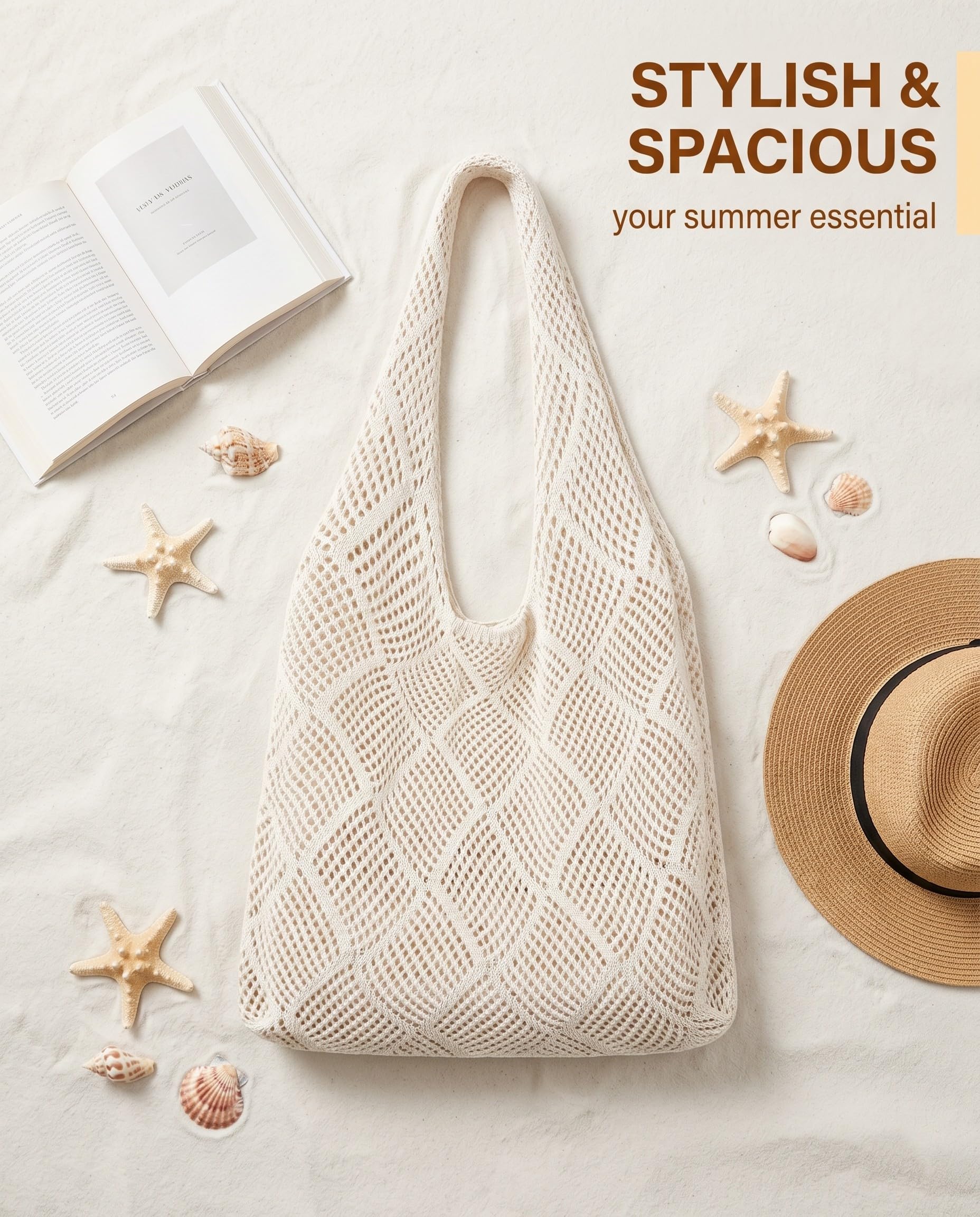 Borsa Mare Donna 1 Pezzo, All'Uncinetto Tracolla Robusta Bianco Avorio, Leggera con Rete Aperta per Svuotamento Sabbia Rapido, Vacanze Estive.