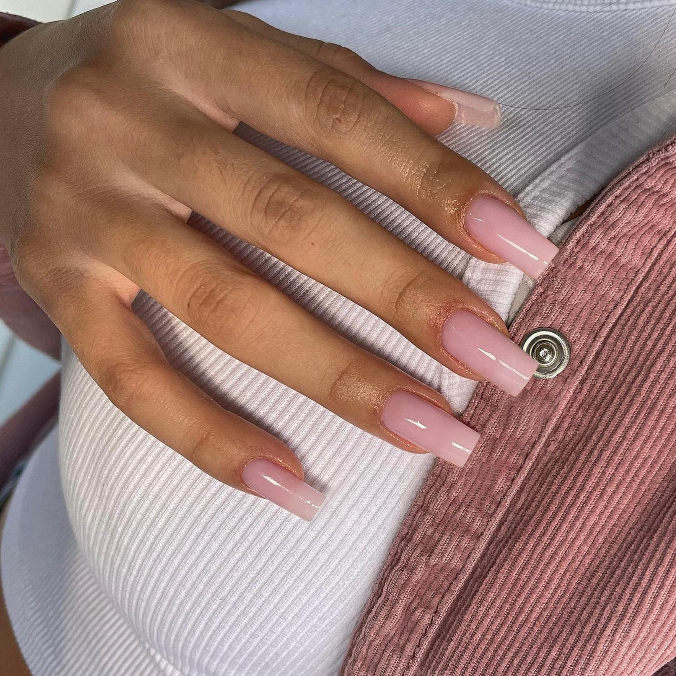 SXVME Light Pink Press on Nails Long Square, Pastel Pink False Nails Medium Coffin, Glossy Gel Fake Nails Press on