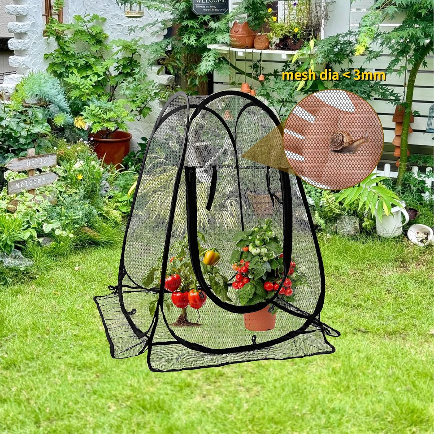 4 Pack Pop-Up Mesh Plant Protectors - 28x28x34 Inch Plant Cover Net Each Set with 8 Stakes (with Washers) & 1 Carry Bag to Protect Vegetables, Fruits, Flowers