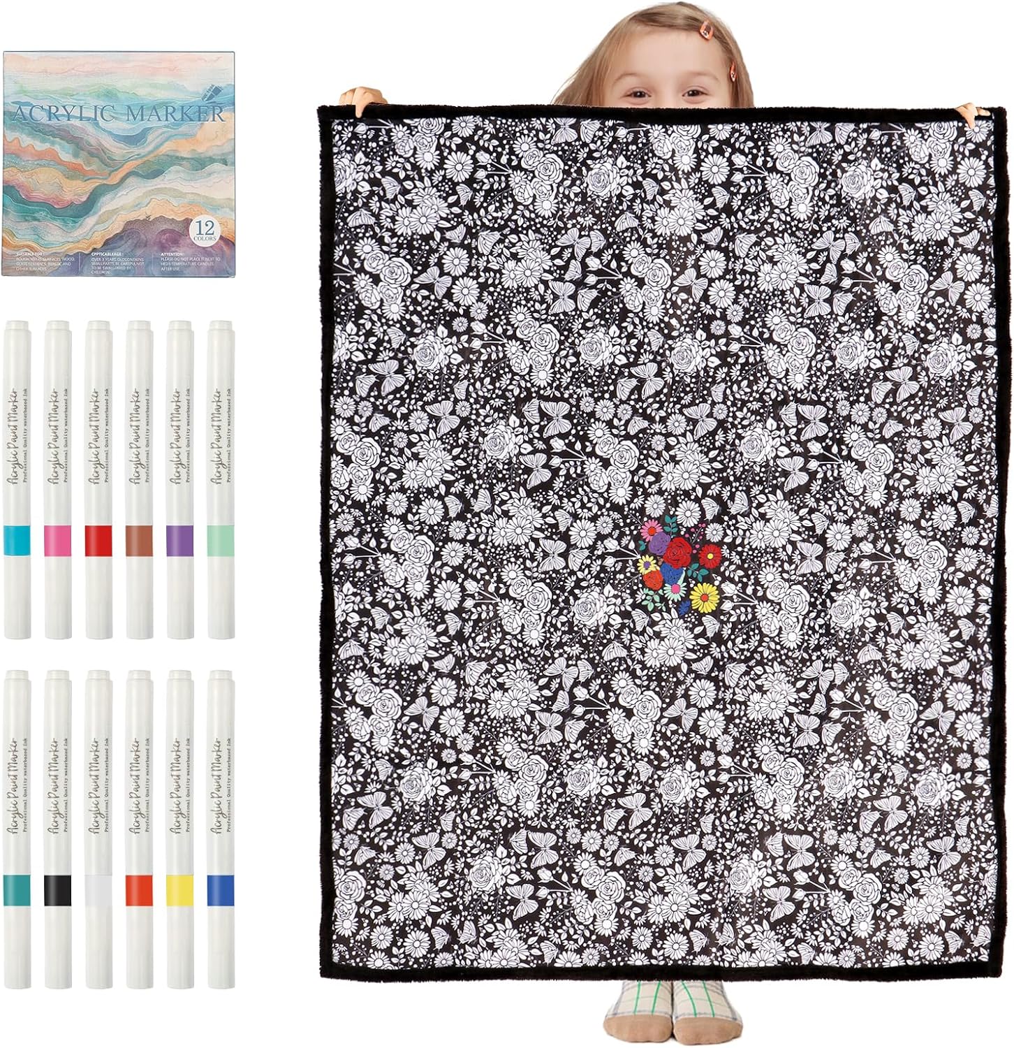ZHOYIMIMI DIY Coloring Blanket for Adults, Color Your Own Blanket with 12 Markers, Washable Cozy Velvet Kit for Everyday Use & Home Decor, Adds a Unique Touch to Living Rooms or Kids' Spaces (Animal)