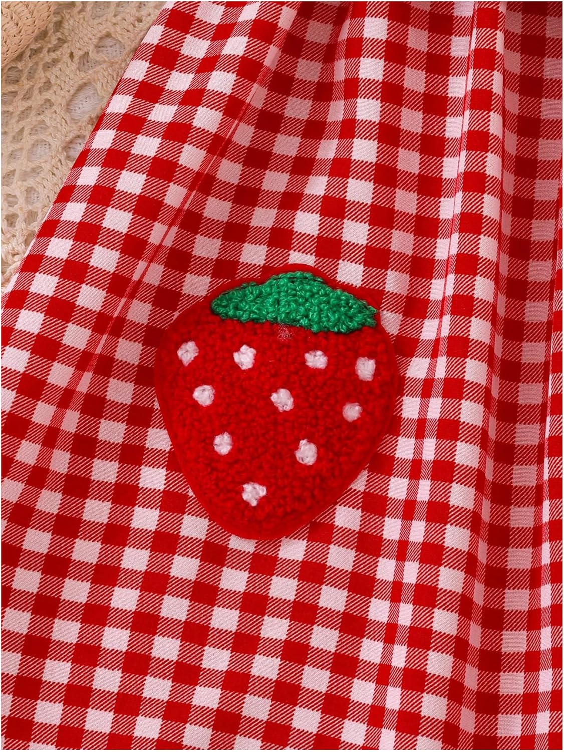 WDIRARA Toddler Girl's Gingham Strawberry Patched Midi Dresses Puff Sleeve Square Neck Belted A Line Dress - Image 4