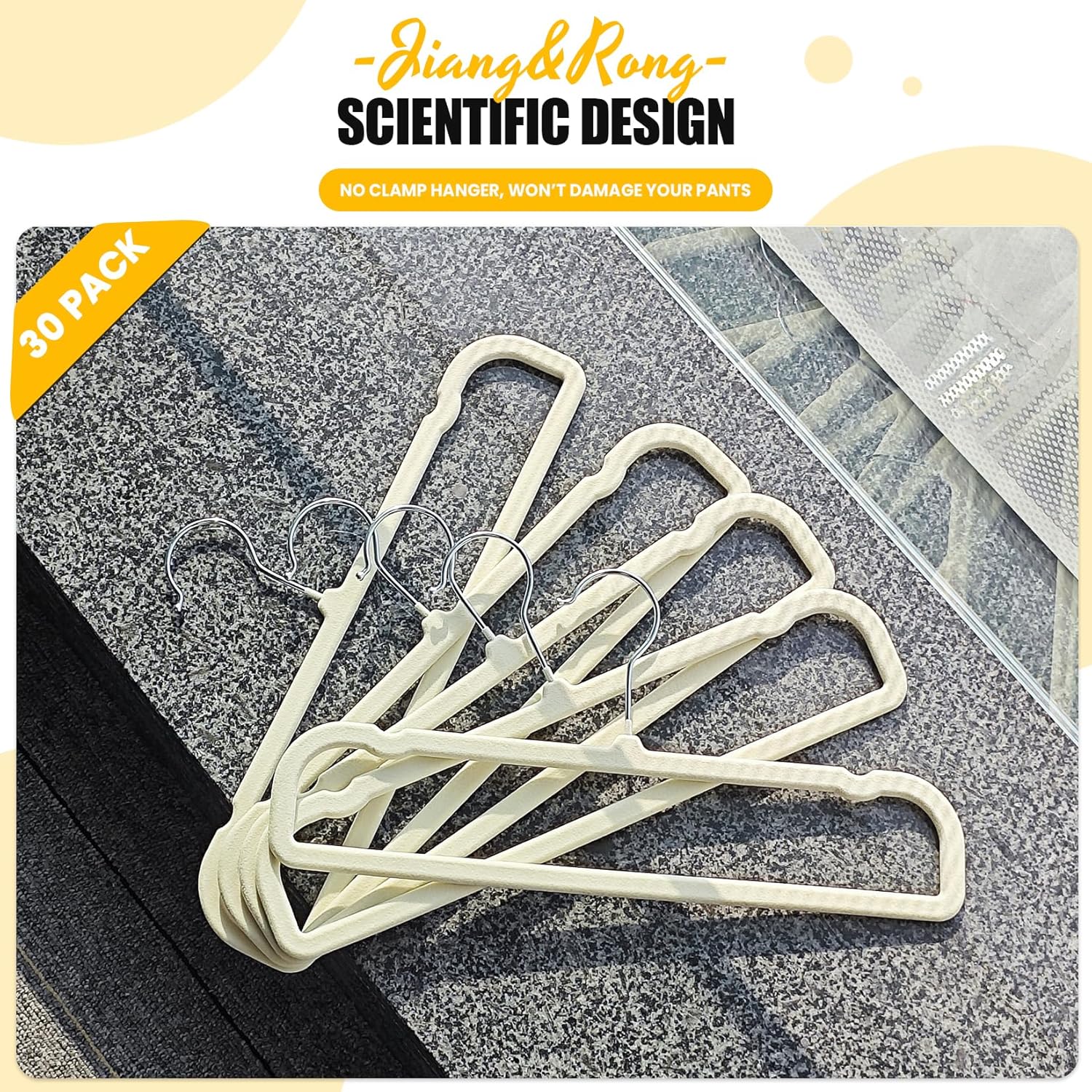 Jiang&Rong 30-Pack Velvet Pants Hangers, Space Saving Slim and Ultra-Thin Non-Slip with 360° Rotating Hooks Felt Hangers, Strong Load-Bearing Capacity Hangers(Beige)