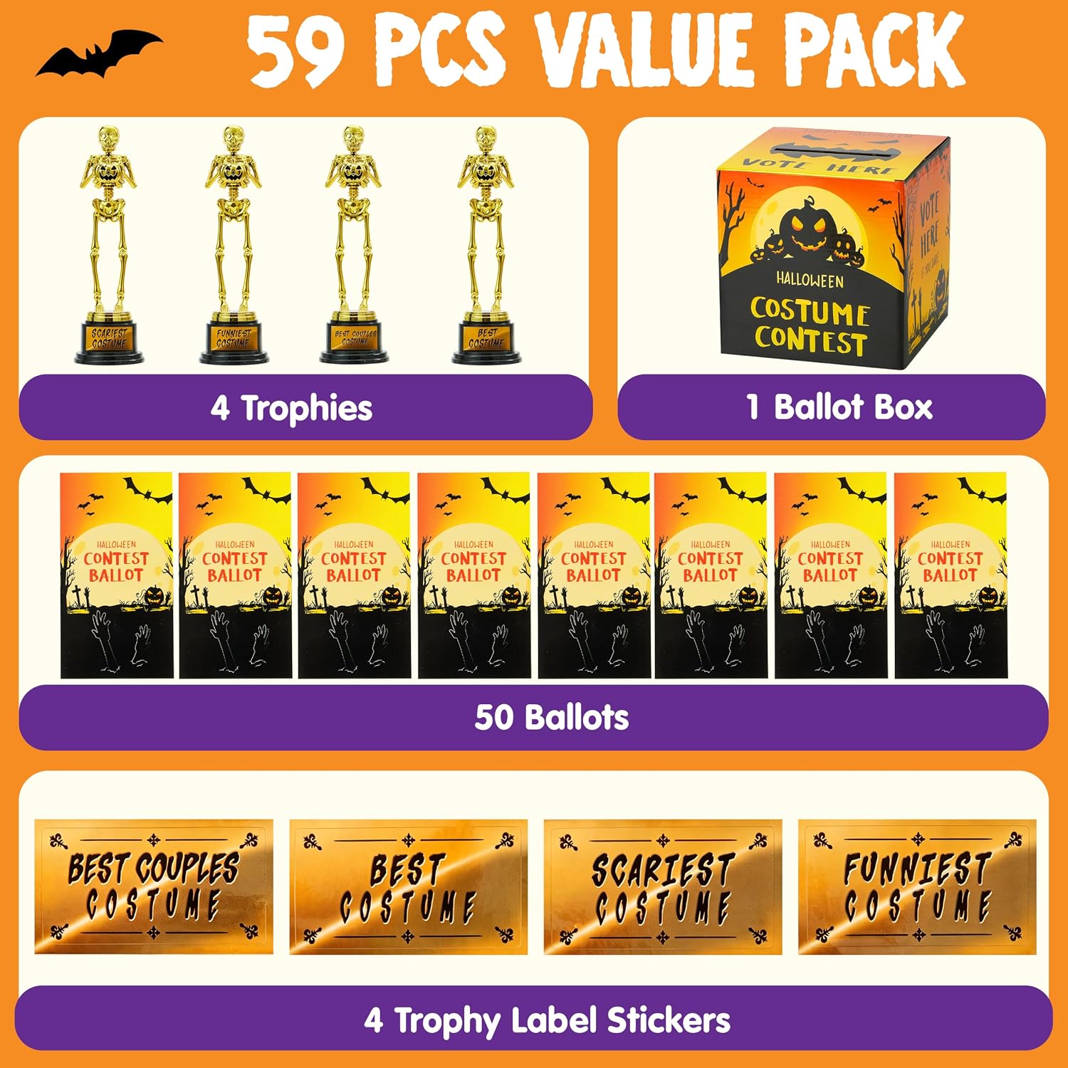 JOYIN Halloween Costume Contest Ballot Card Box, 4 PCS Trophy Awards Best Costume Skeleton, 50 PCS Voting Cards, Halloween Party Favor Supplies for Trick or Treating, Students Classroom Prize image 2