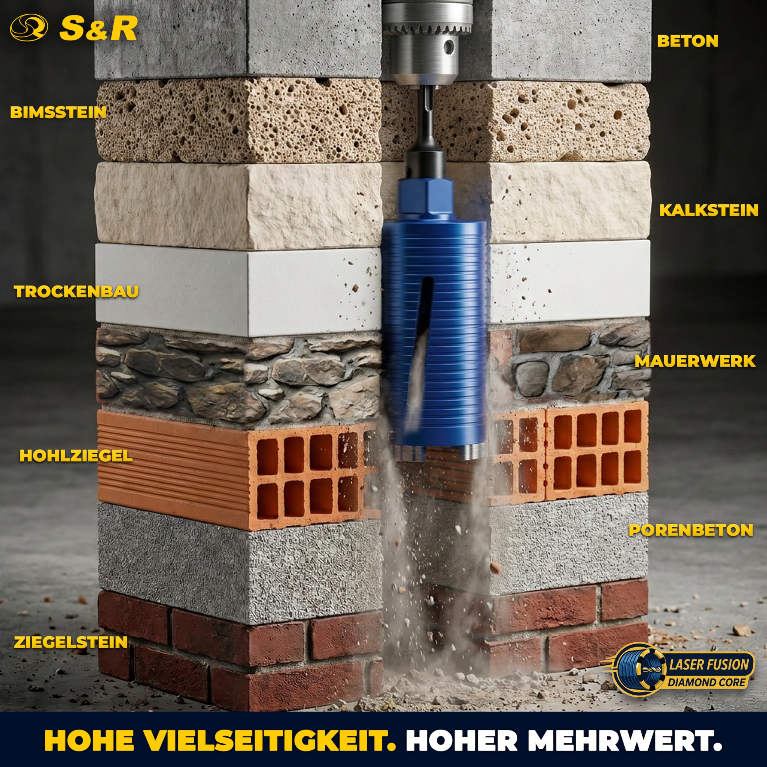 S&R Diamentowa koronka wiertnicza 72 mm, wiertło rdzeniowe M22, długość 200 mm, segment 10 mm, wiertło centrujące, adapter SDS-plus, koronka wiertnicza na sucho, diamentowa koronka wiertnicza do