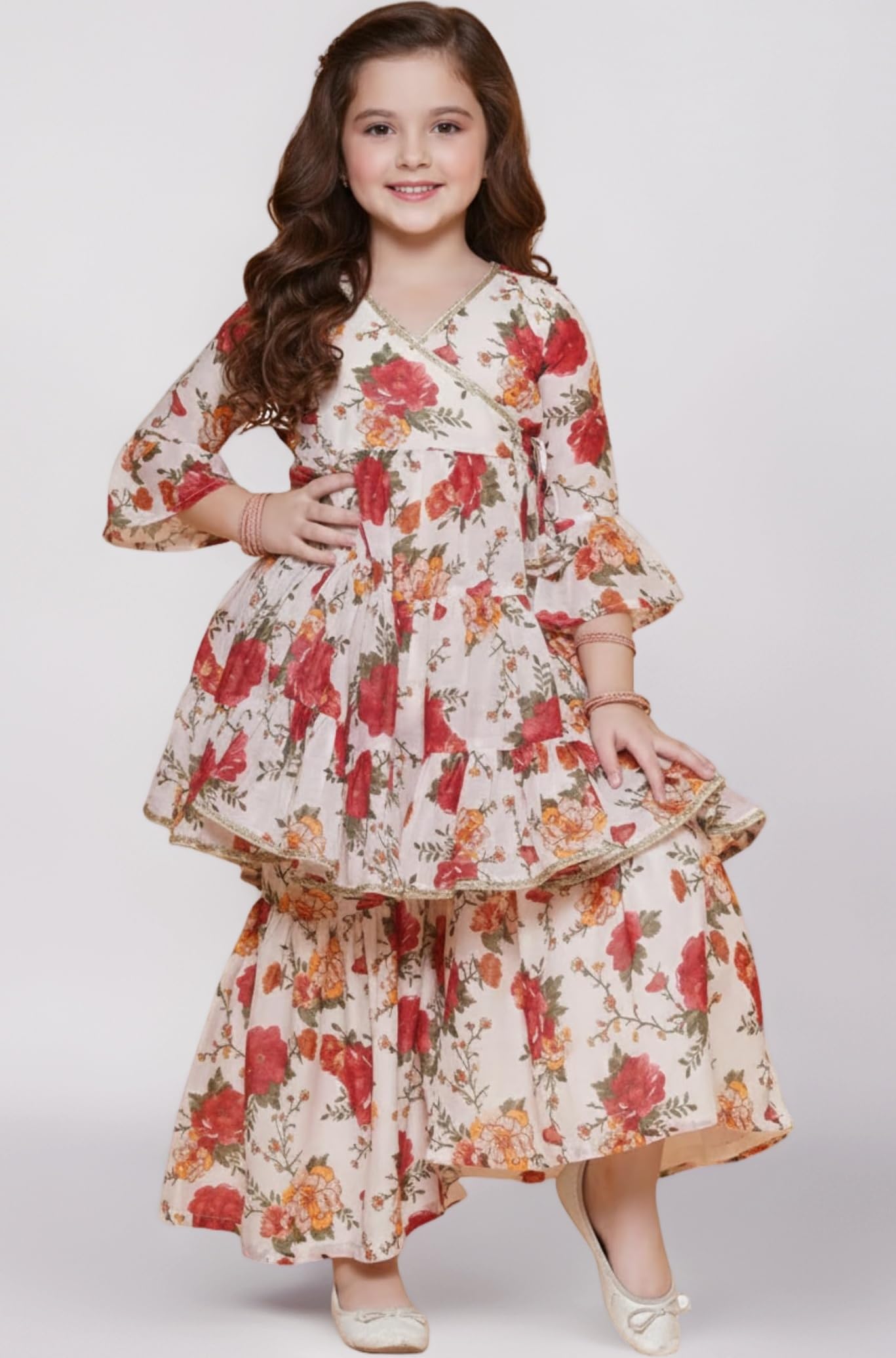 Naixa Girl's Rayon Floral Pattern Kurta Sharara Set with 3/4 Sleeve V- Neck Knee Length and Elastic Closure Type| Kurta Sharara Set for Girl's