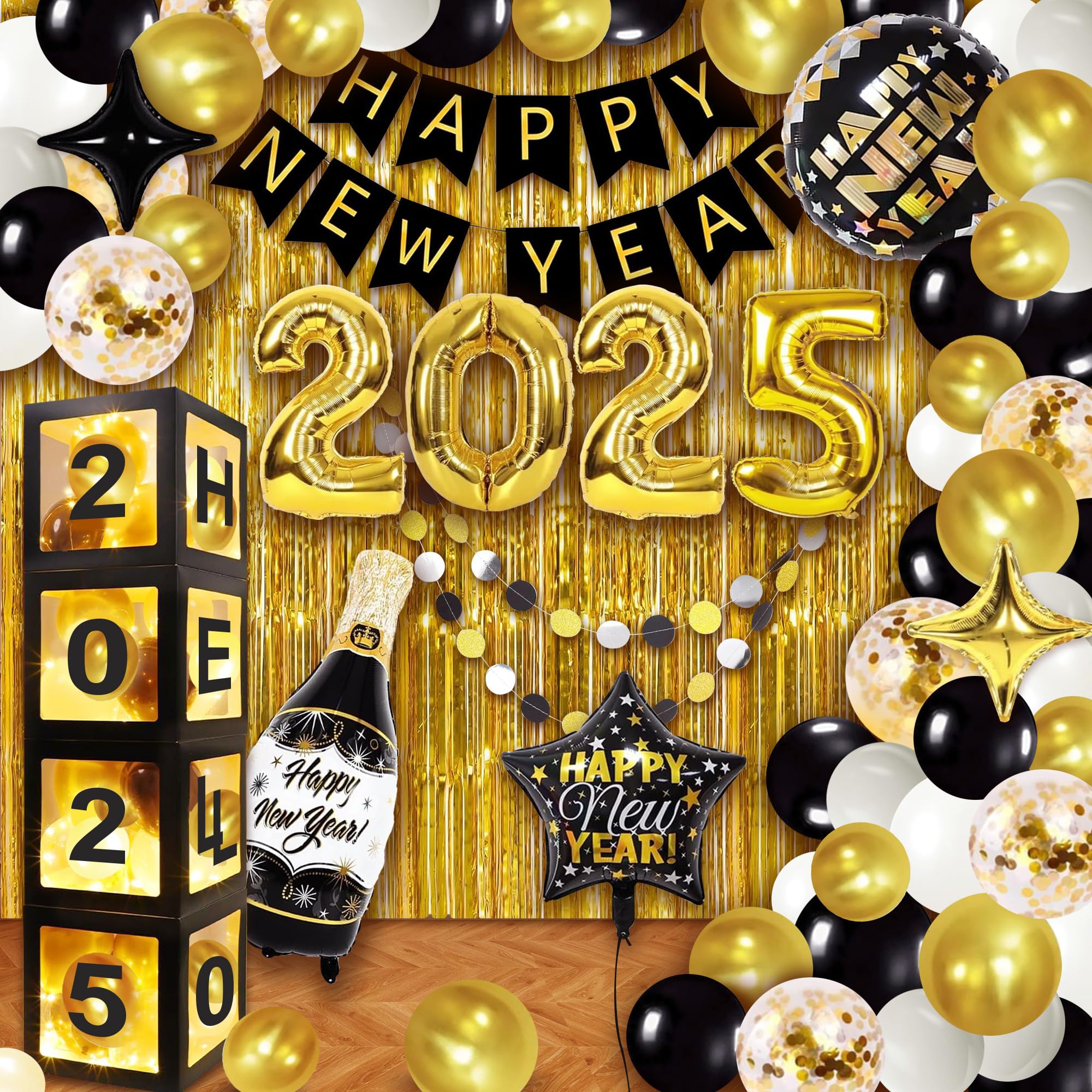 Party Spot! Happy New Year Decorations 2025 Black and Gold, Happy New Year Decorations Kit,2025 Balloons Boxes, "Happy New year"Banner,Fringe Curtains,Dot Garland