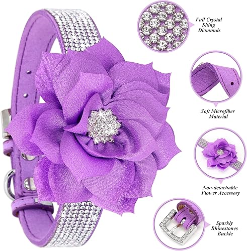 Miniatura 4 de PET ARTIST Collar de perro con diamantes de imitación brillantes con bonita flor, collar de piel de ante suave para perras, para cachorros,