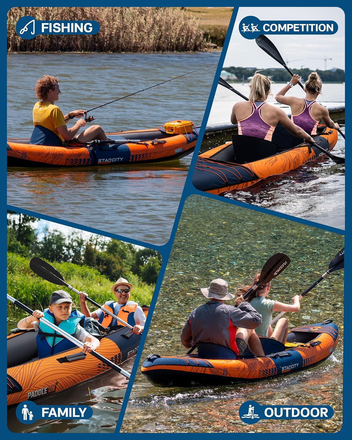 Inflatable Sit-on-Top Tandem Kayak, Wide Stable 12'2"*36"*13", 600 lb Capacity, Touring Fishing Performance, Adjustable Seat Footrest, for Lake Coastal Exploration, Family, Beginners, Anglers