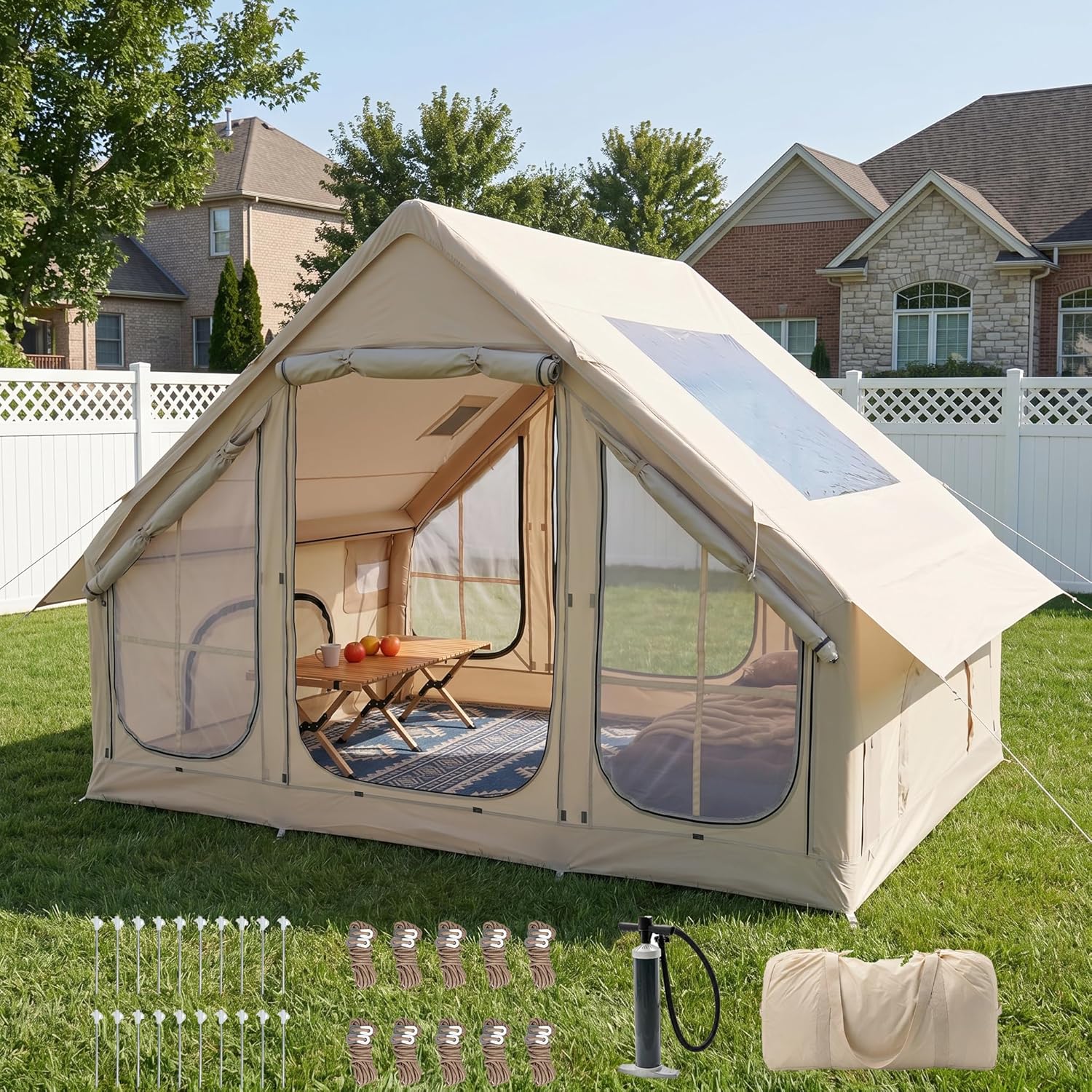 Restland Inflatable Tent with Skylight Quick Setup Air Glamping Tents with Pump 4 Season Waterproof Oxford Blow Up Tent for Camping with Mesh & Chimney Window