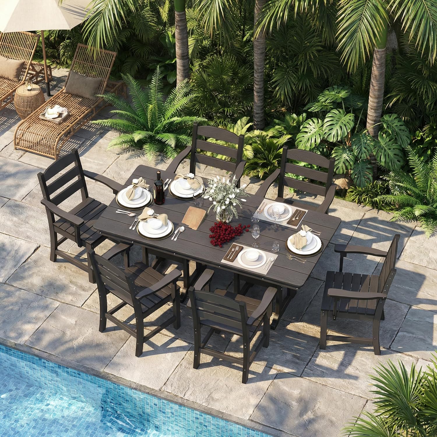 HOPUBUY 7 Pieces Patio Dining Set for 6, 71" HDPE All-Weather Patio Table and Chairs Set with Umbrella Hole, Durable Outdoor Furniture Set for Garden, Backyard, Lawn & Poolside (Black)
