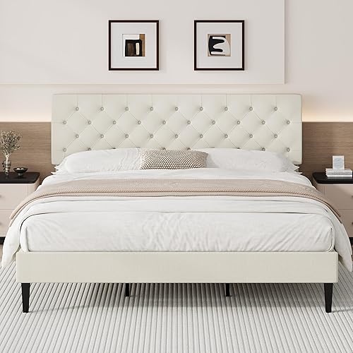 Miniatura 17 de BarnFurin Base de cama Queen, plataforma tapizada con cabecera capitoné con botones, camas de tela tamaño Queen con soporte de listones de madera,