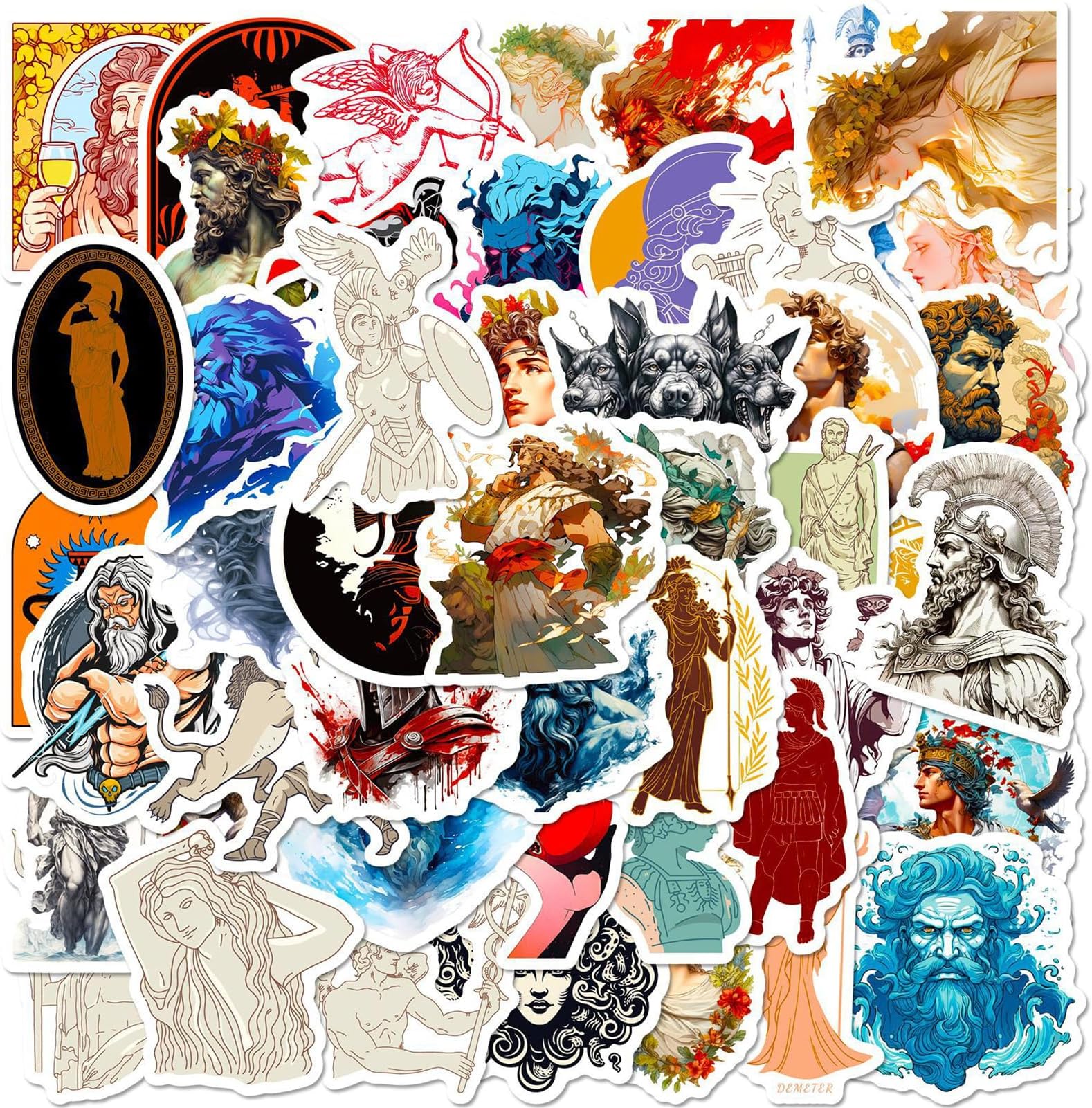 Greek Mythology Stickers 50 Pcs, Greek Rome Gods Vinyl Decal Stuff, Waterproof Gifts Sticker Pack for Water Bottle Laptop Scrapbooking Notebook Kids Teens Adults