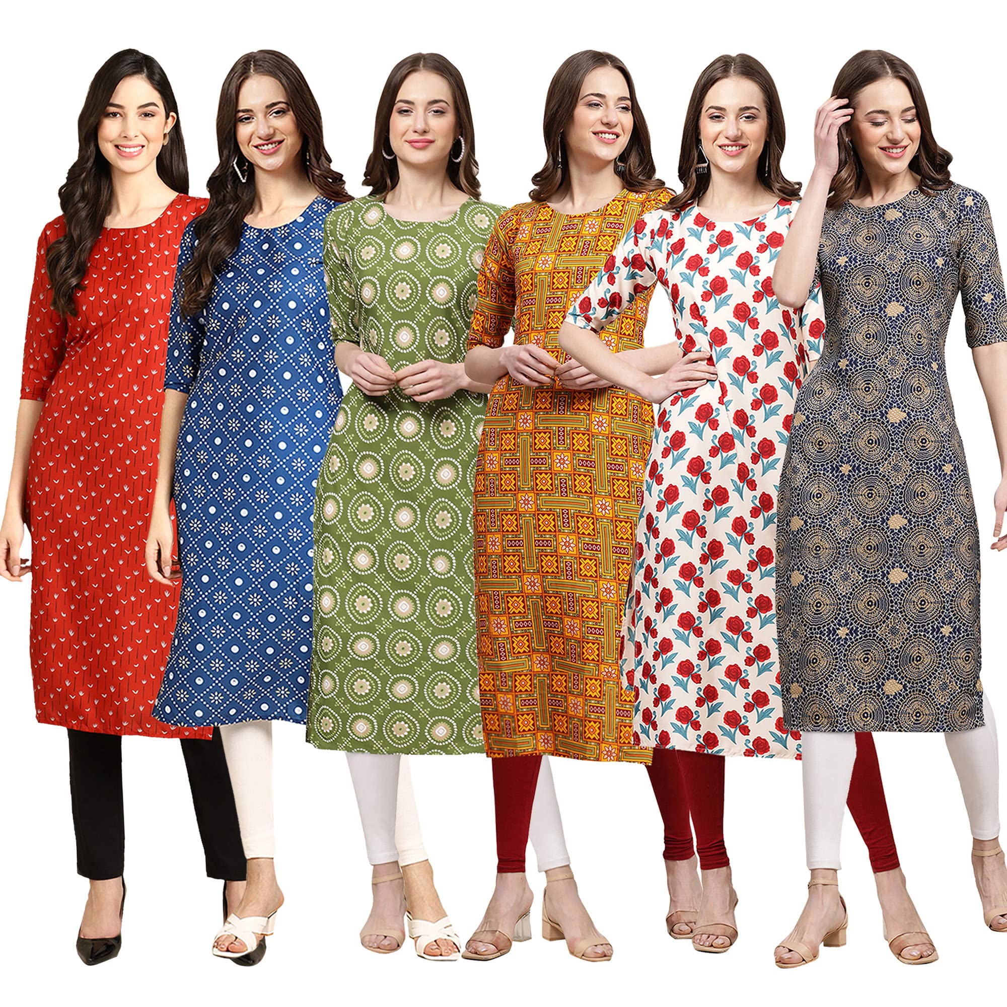 Pinkmint Women's Crepe Digital Print Straight Kurta Pack Of 6