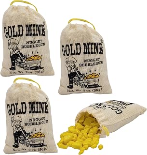 Fruidles 3-Pack Miner's Gold Nugget Bubble Gum Candy, Rock Bubble Gum, Party Bag Fillers, in Draw String Bags, 2oz Bag