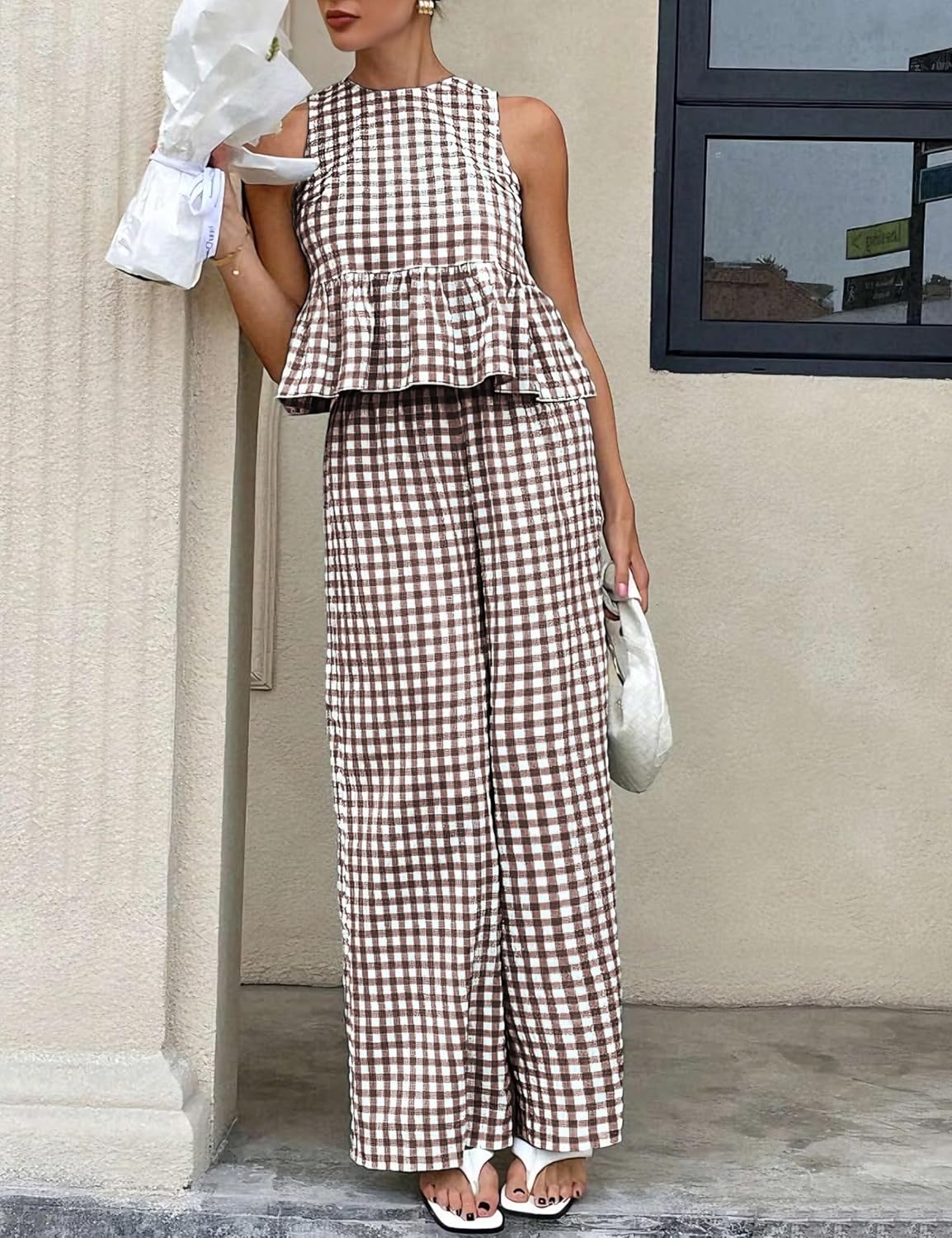 Tanming Women's 2 Piece Set Outfits Gingham Plaid Tank Tops Wide Leg Pants Matching Lounge Sets