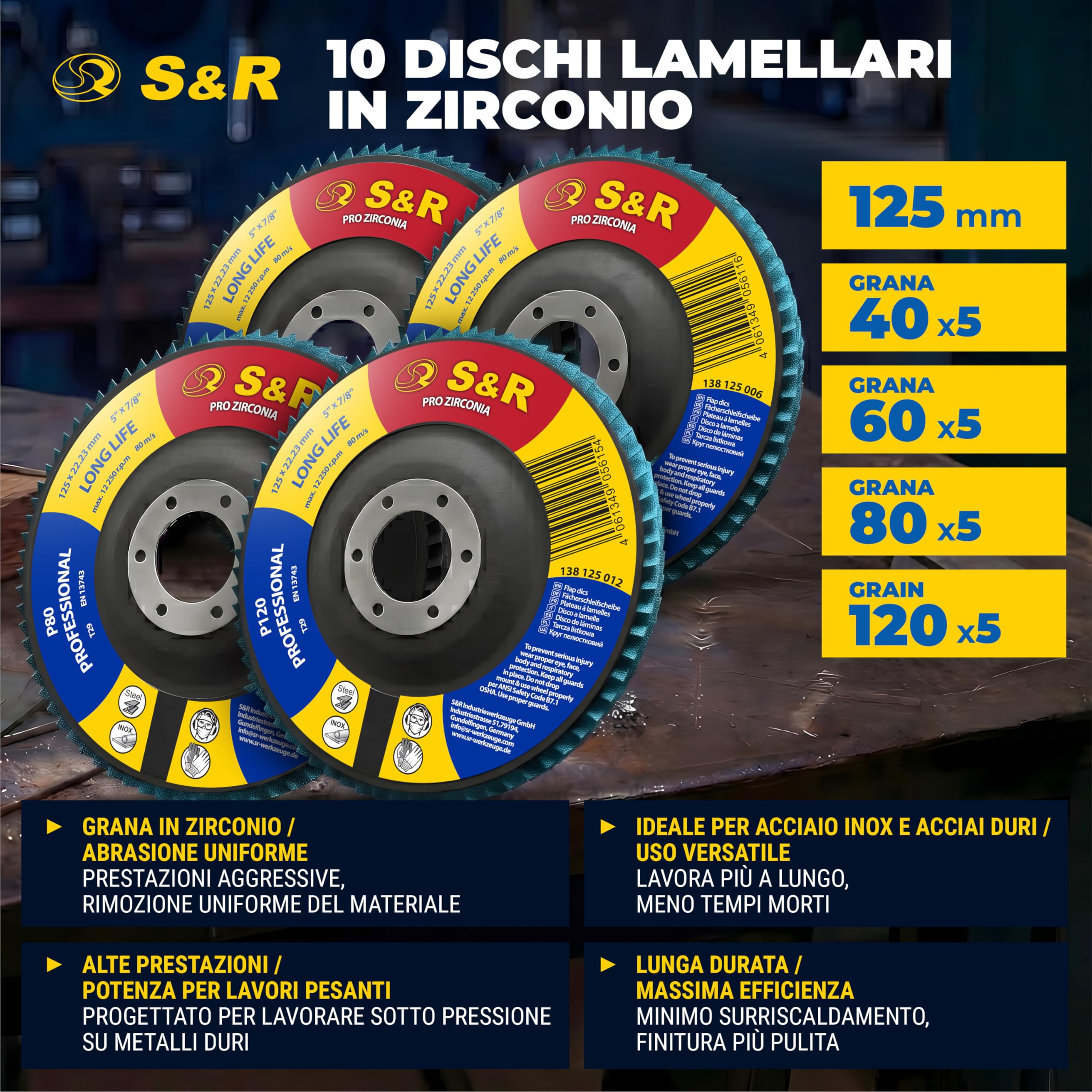 S&R 20 Dischi Lamellari 125mm Set Grana 40-60-80-120 | Corindone di zirconio per metalli duri · Rinforzo in fibra di vetro · Per sbavatura e rimozione ruggine
