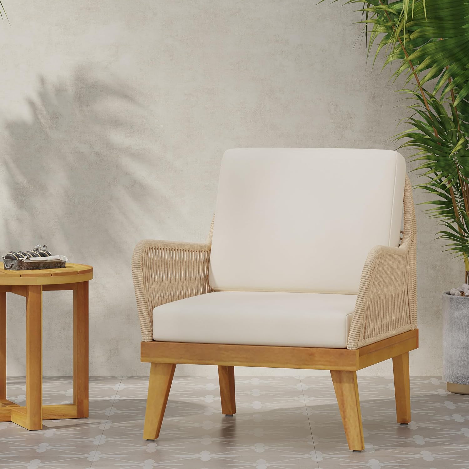 Christopher Knight Home Annisa Outdoor Club Chair with Cushions - Acacia Wood and Rope - Teak/Light Brown/Beige