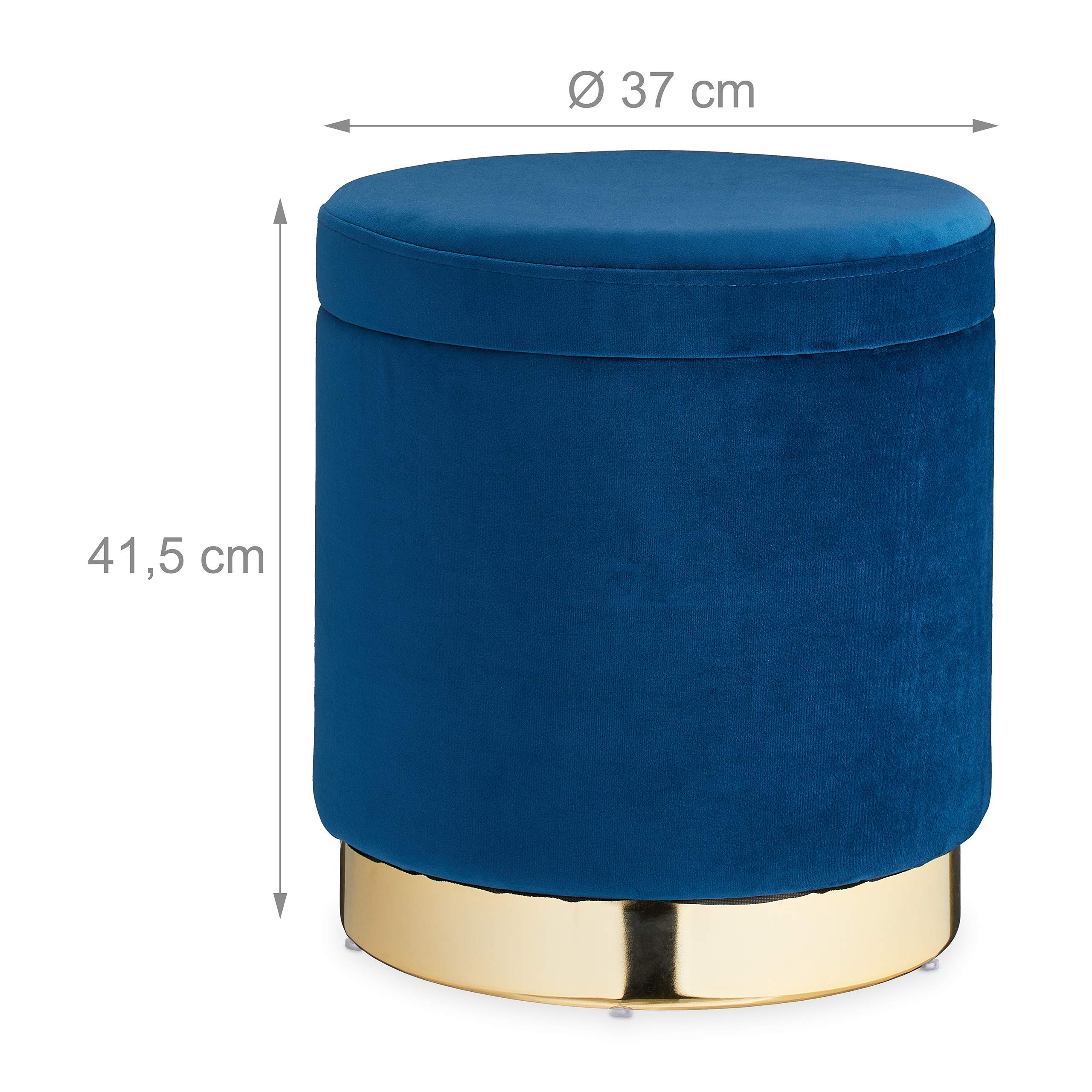 Relaxdays Sgabello in Velluto, Rotondo, Elegante Poggiapiedi Imbottito, Base Dorata, Pouf Moderno, H x D: 41,5 x 37, Blu