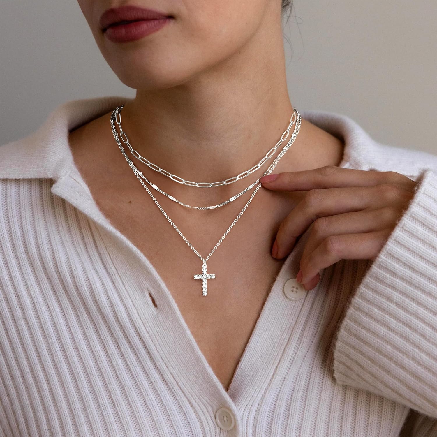 Layered Gold Necklaces for Women, Stackable Dainty 14K Gold Silver Plated Trendy Simple Heart Diamond Cross Bow Circle Pendant Paperclip Choker Dot Chain Necklace,Jewelry Set Gifts for Women - Image 3