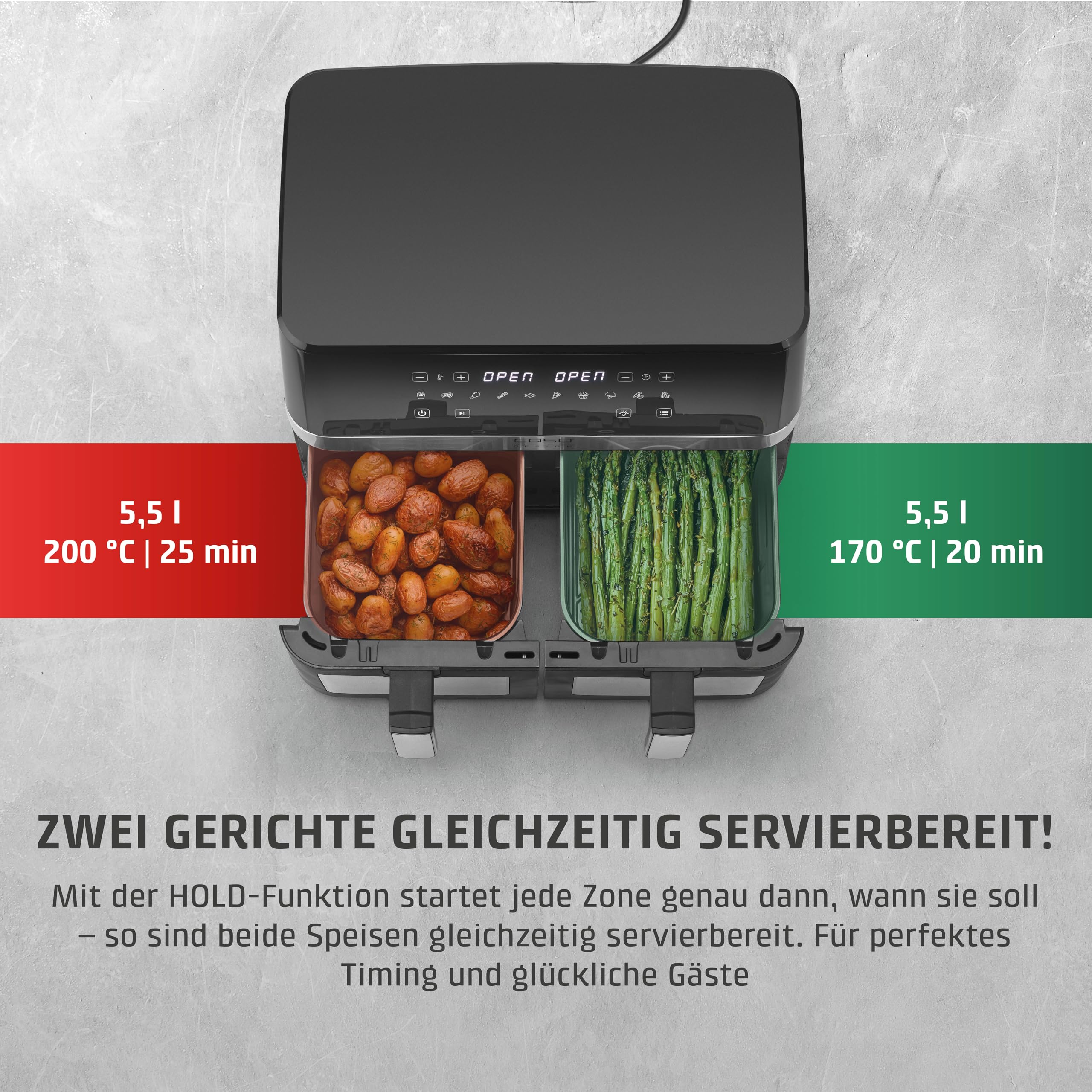 CASO AirFry DuoChef -Heißluftfritteuse mit 2 Kammern, 14L Volumen, nahezu fettfrei, 10 Programme, 50-200°C, Timer, LED-Anzeige, Sichtfenster, SHAKE-Reminder, spülmaschinengeeignet