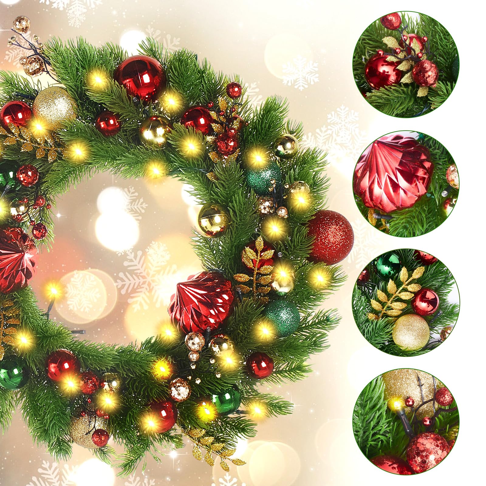 40cm Couronne De Noel Lumineuse, Couronne Porte Noel, 8 Modes Et Minuterie, Convient pour Portails, Cheminées, Porches, avec des Flocons De Neige Et des Pignons De Pin (Lumières LED Incluses)