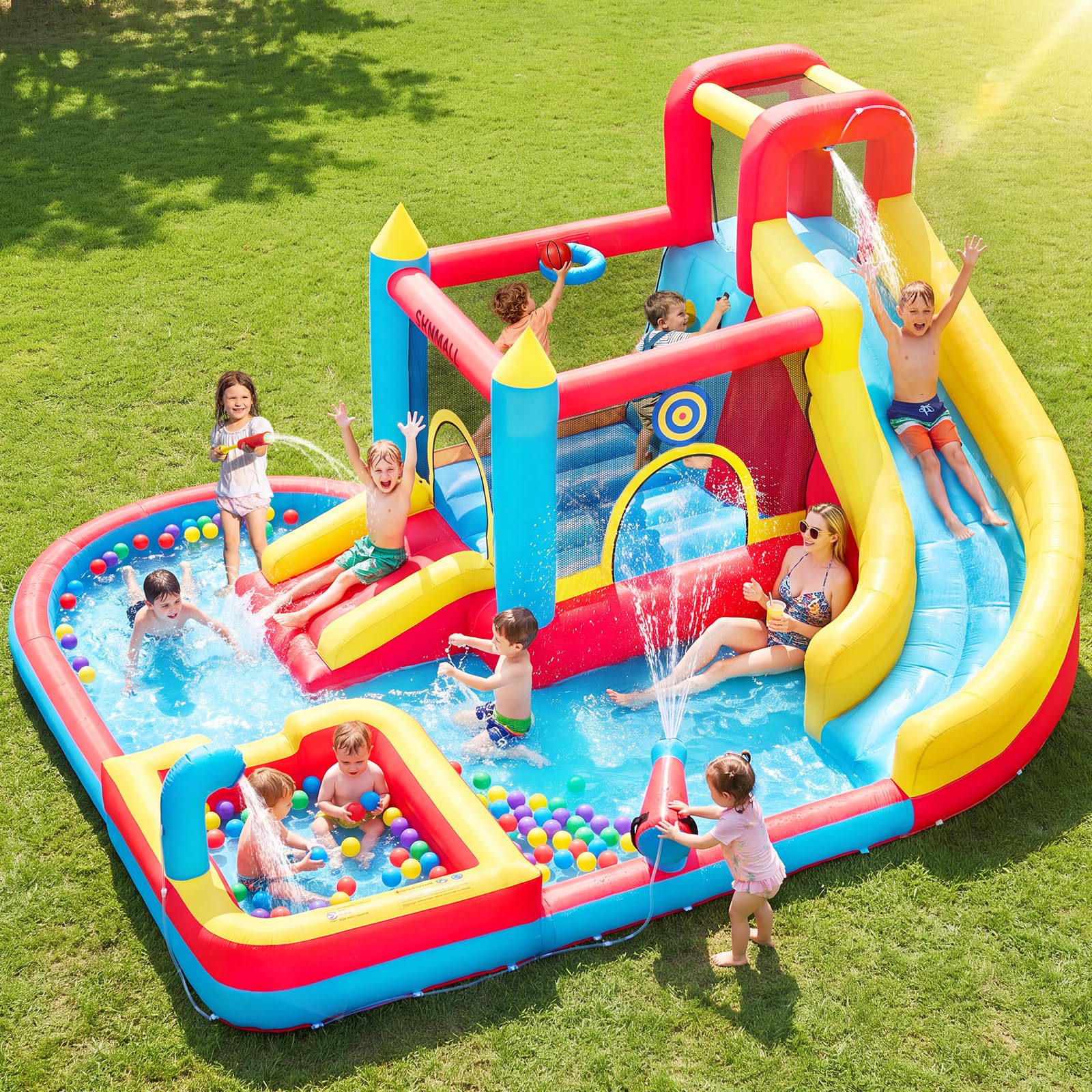 Castello Gonfiabile per Bambini, 8-in-1 con Ventilatore 480W, Scivolo Lungo, Parete da Arrampicata, Trampolino e Piscina, adatto per divertimento interno ed esterno in vacanza