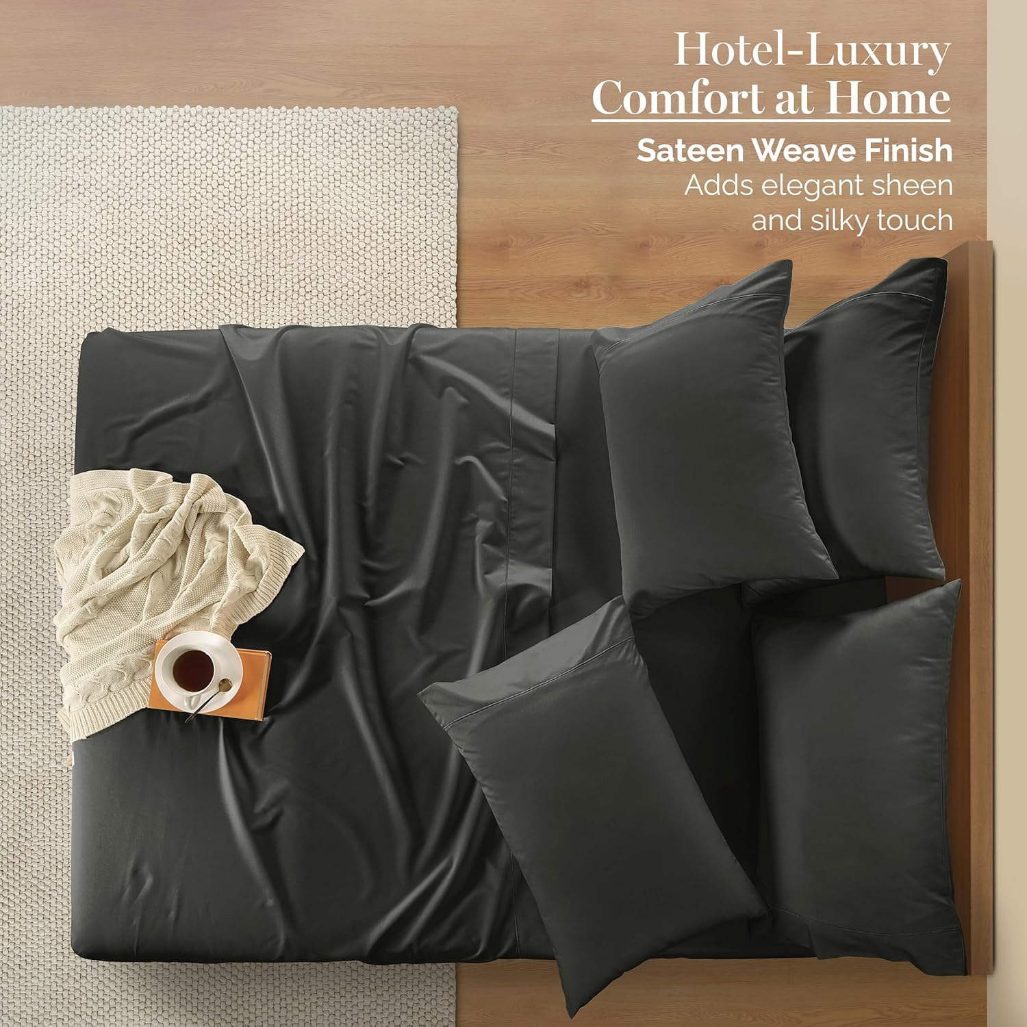 Casa Platino 100% Egyptian Cotton Sheets Queen Size Set - 6 Pcs (1 Flat, 1 Fitted, 4 Pillowcases) - 1000 Thread Count - Ultra Smooth Sateen Weave Bed Sheets Set with 15" Deep Pockets - Dark Grey Queen 06: Dark Grey image 2 of 9 B0DZXTQ6KP