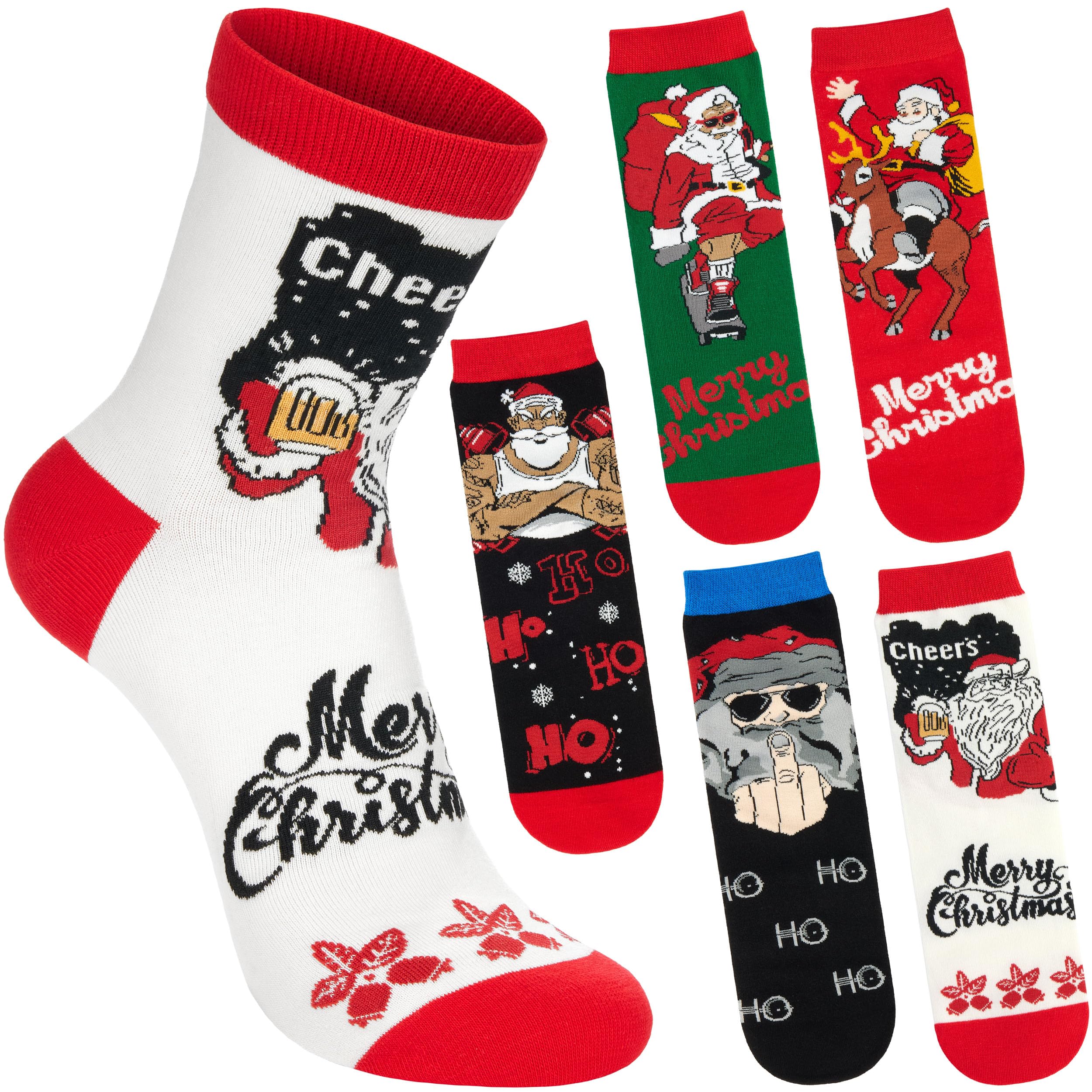 BRUBAKER 5 Par Skarpetek Świątecznych - Cool Santa - Kolorowe i Stylowe Skarpetki Bożonarodzeniowe dla Mężczyzn - Zabawny Zestaw Skarpet Męskich - Bawełniane Stopki z Mikołajem - Rozmiar 41-45