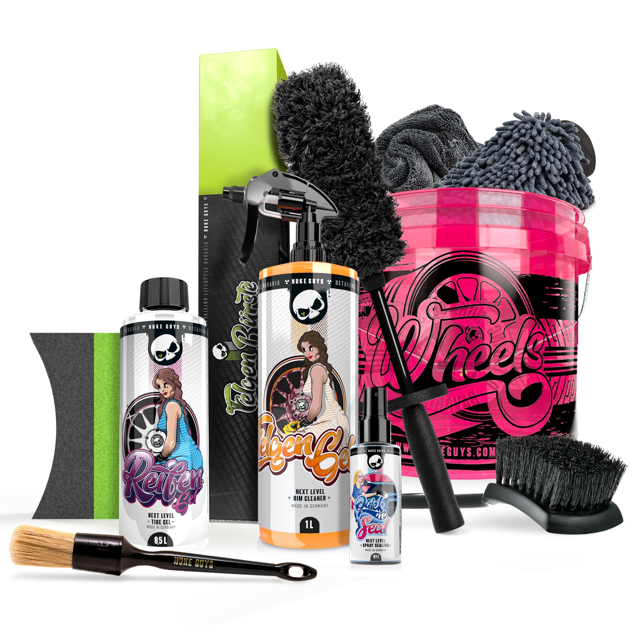 Nuke Guys Set de limpieza para llantas y neumáticos | Limpiador de llantas 1 l con indicador + cepillo de microfibra para llantas + sellador de llantas 100 ml + guante para llantas + brillo para