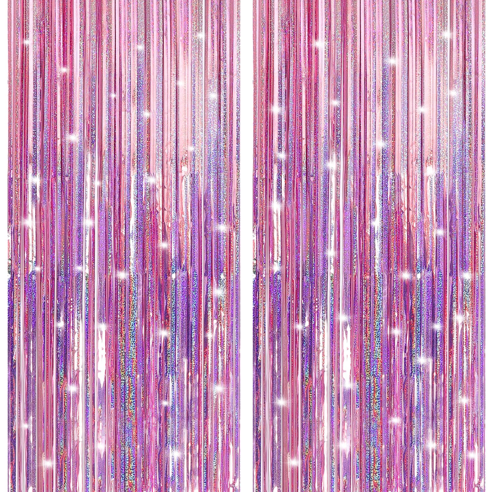2 Pack Laser Pink Foil Fringe Curtains Streamers Party Decorations 3.3 x 8.2 ft, Tinsel Curtain Fringe Backdrop for Parties, Door Fringe Birthday