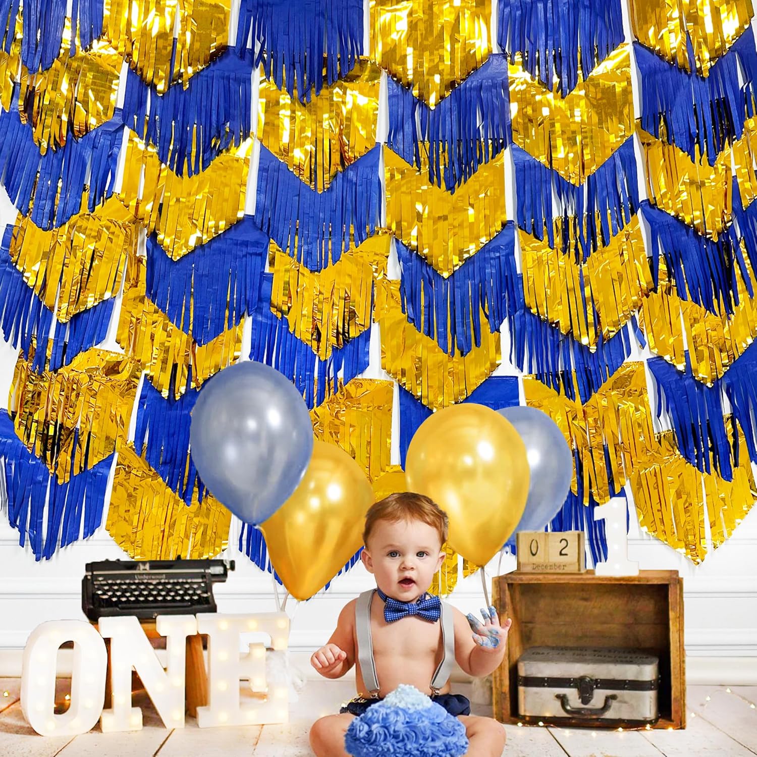 Royal Blue Gold Tassel Backdrop Tissue Paper Metallic Foil Fringe Tinsel Garland Streamers Bunting Banner for Graduation Birthday Anniversary Bachelorette Wedding Engagement Party Decorations Supplies image 7 of 9 B0D8J45D74