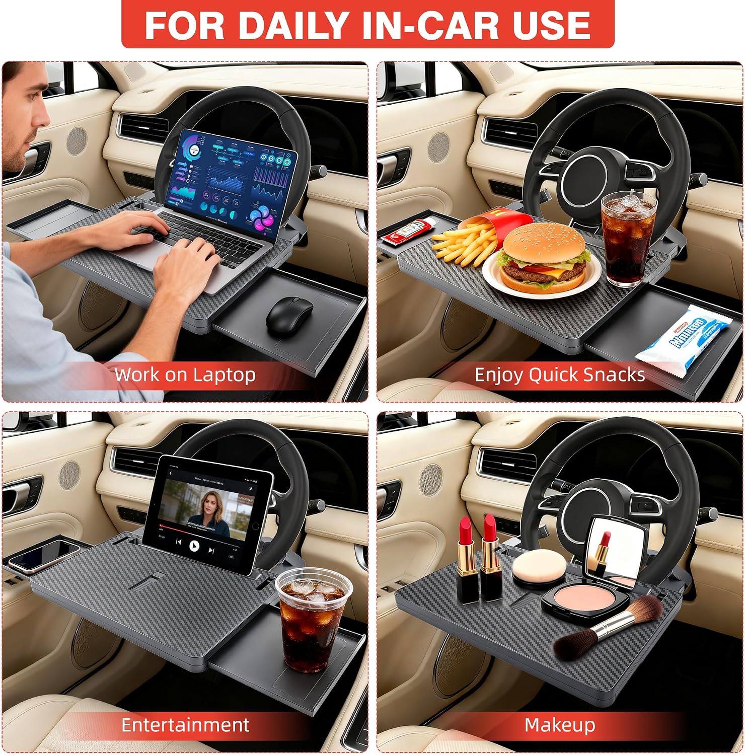 Large Steering Wheel Tray Table, Car Desk For Laptop, Car Trays For Eating And Working, Steering Wheel Table For Most Cars, Adjustable Car Food Tray With Dual Slide-Out Trays (Carbon Fiber Look)