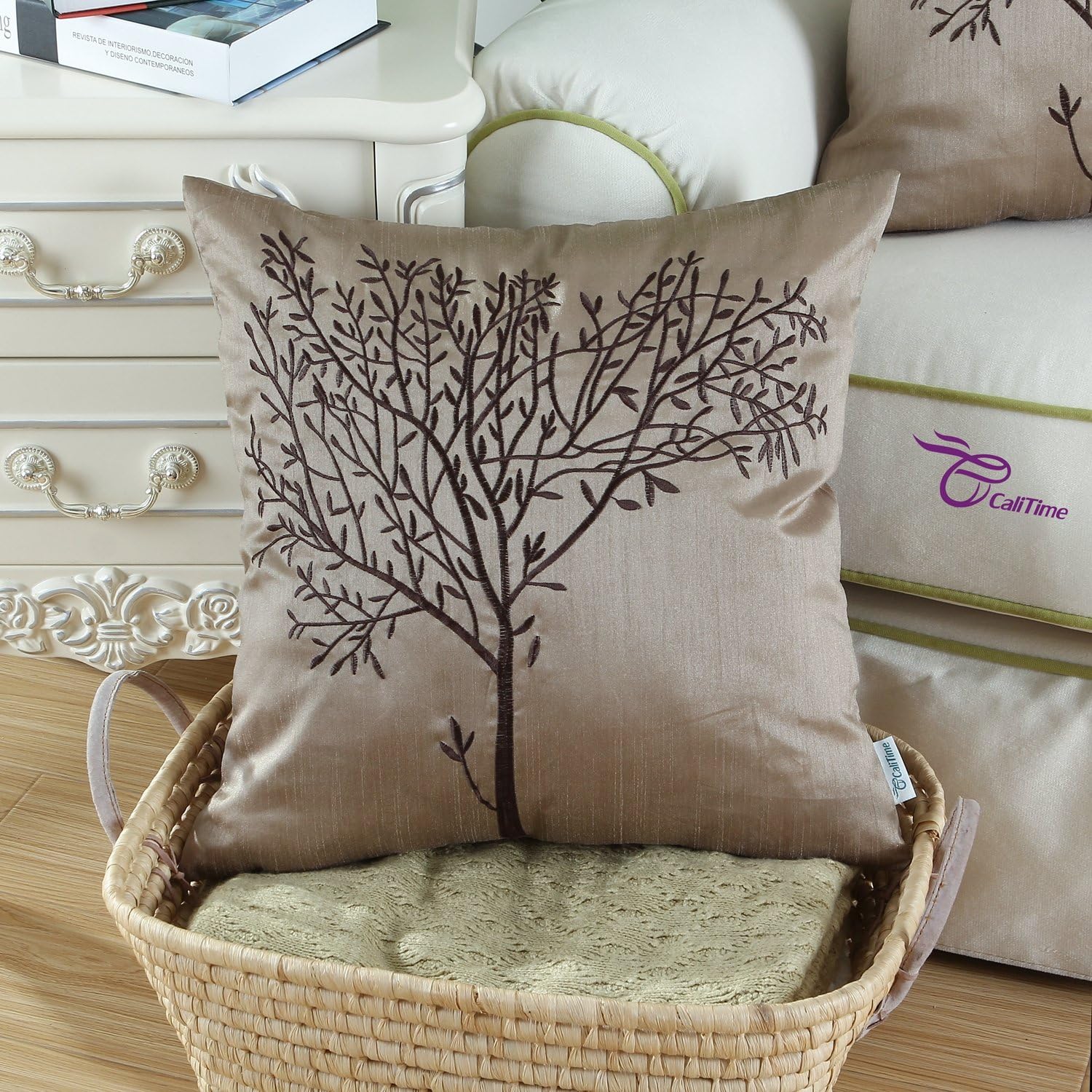 CaliTime Pack of 2 Cushion Covers Throw Pillow Cases Shells for Sofa Couch Home Decoration Natural Tree Embroidered 18 X 18 Inches Taupe