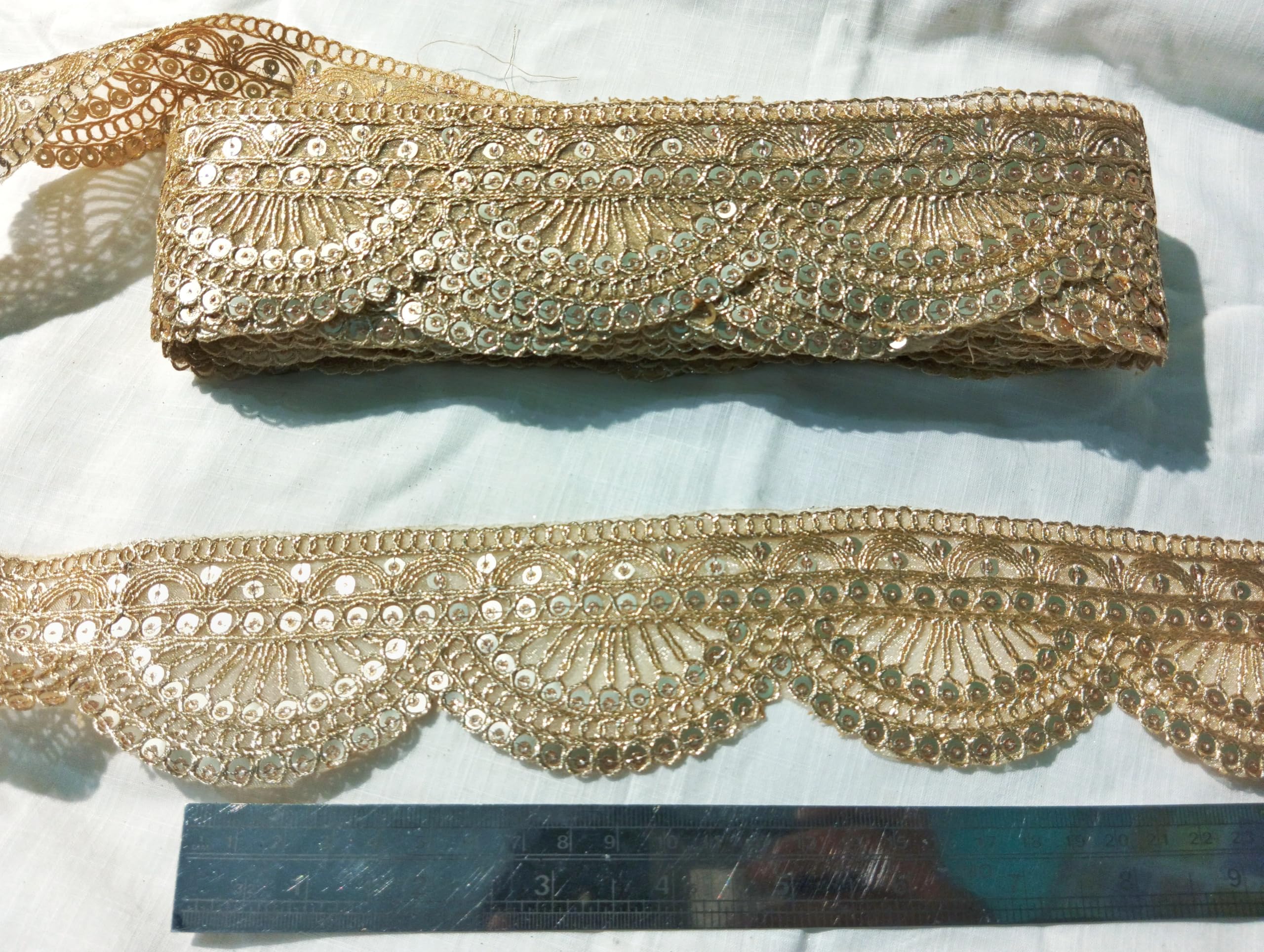 Lacesnmore Golden lace Organza zari Scallop Work Embroidery Lace and Borders Material for Dresses, Sarees lace, Lehenga, Suits, Blouses, Dupatta, chunri and Crafts (9 Meter- Light Gold) 3