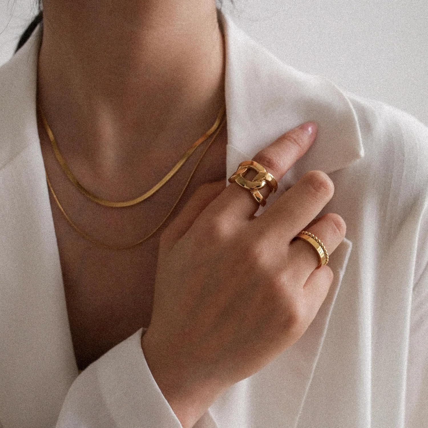 Shapes Studio 18K Gold Plated Wide Chain Band Ring, Gold Rings for Women, Stacking Rings, Gold Band Minimalist Style