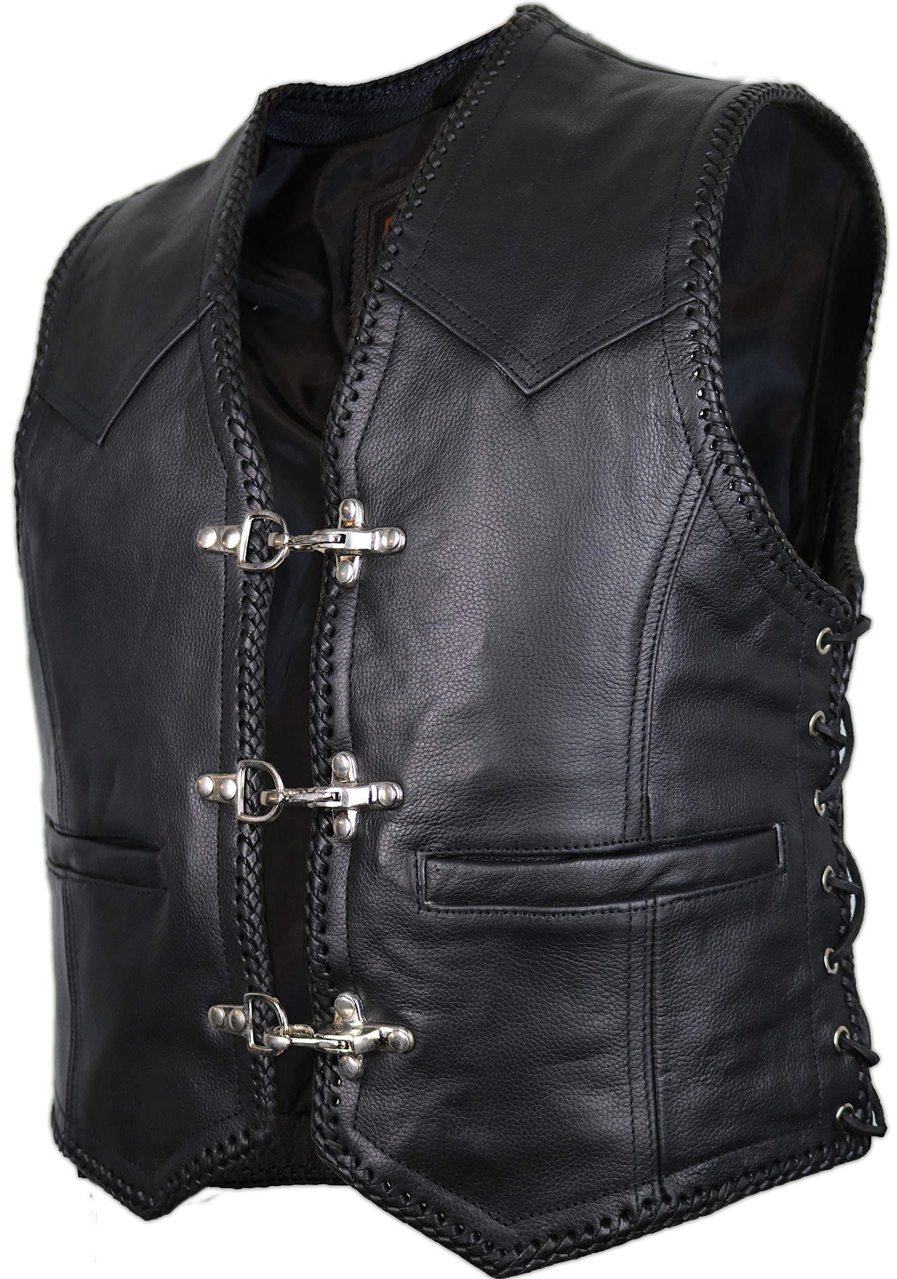 MDM Gilet pelle uomo moto – in vera pelle nera, stile biker con ganci cromati, lacci laterali regolabili e rifinitura intrecciata, ideale per patch club motociclistici