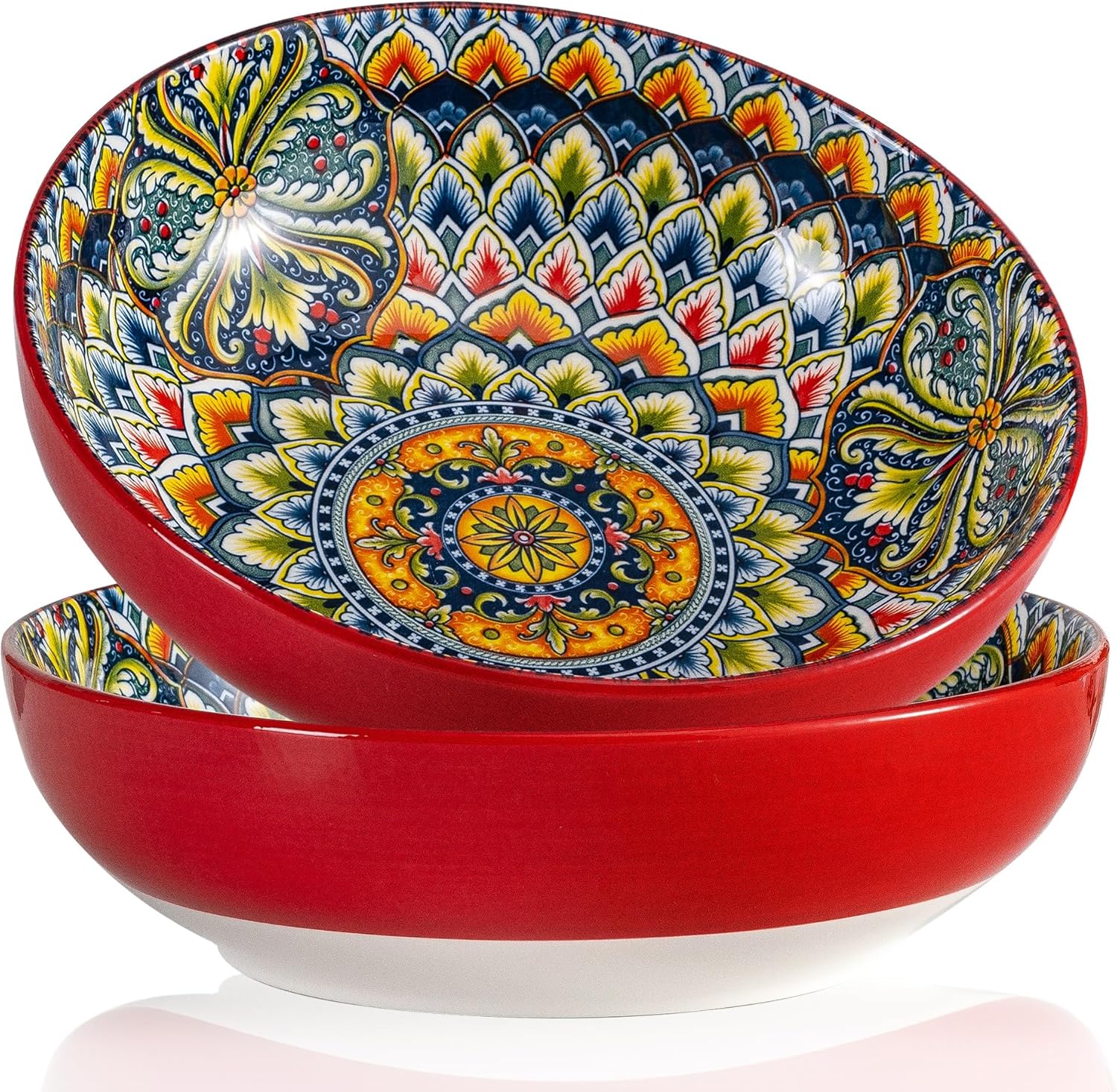 Red Large Serving Bowls Set of 2, Bohemian Style 10" Large Ceramic Bowls for Entertaining and Party, Bowls for Pasta Soup Fruit Ramen Cereal, Dishwasher Oven Safe